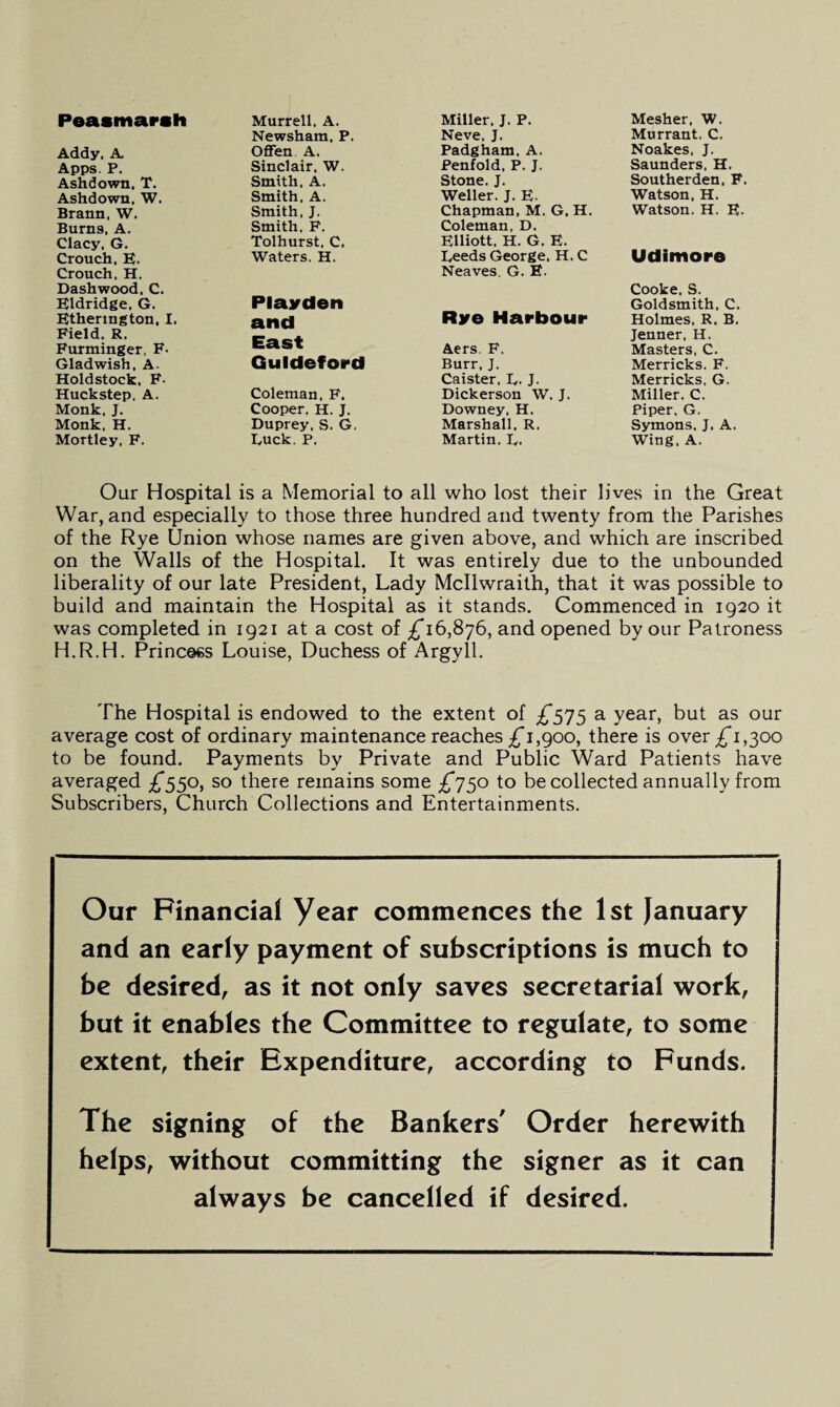 Addy. A Apps. P. Ashdown. T. Ashdown. W. Brann, W. Burns, A. Clacy,G. Crouch.E. Crouch, H. Dashwood, C. Eldridge, G. Ethenngton. I. Field. R. Furminger, F. Gladwish, A. Holdstock, F- Huckstep, A. Monk. J. Monk. H. Mortley. F. Peasmarah Newsham. P. Offen A. Sinclair. W. Murrell. A. Miller. J. P. Neve, J. Padgham. A. Penfold. P. J. Stone. J. Weller. J. E- Chapman, M, G. H. Coleman, D. Elliott. H. G. E. Leeds George. H. C Neaves. G. E. Mesher, W. Murrant. C. Noakes, J. Saunders. H. Smith. A. Smith. A. Smith. J. Smith, F. Souther den. F. Watson. H. Watson. H. E. Tolhurst, C. Waters. H. Udimore Coleman, F. Cooper. H. J. Duprey, S. G. Luck. P. Playden and East Guldeford Aers. F. Burr. J. Caister, L. J. Dickerson W. J. Downey. H. Marshall, R. Martin. L. Rye Harbour Cooke. S. Goldsmith, C. Holmes. R. B. Jenner, H. Masters, C. Merricks. F. Merricks, G. Miller. C. Piper. G. Symons. J. A. Wing. A. Our Hospital is a Memorial to all who lost their lives in the Great War, and especially to those three hundred and twenty from the Parishes of the Rye Union whose names are given above, and which are inscribed on the Walls of the Hospital. It was entirely due to the unbounded liberality of our late President, Lady Mcllwraith, that it was possible to build and maintain the Hospital as it stands. Commenced in 1920 it was completed in 1921 at a cost of £16,876, and opened by our Patroness H.R.H. Princess Louise, Duchess of Argyll. The Hospital is endowed to the extent of £575 a year, but as our average cost of ordinary maintenance reaches ^1,900, there is over £1,300 to be found. Payments by Private and Public Ward Patients have averaged ^550, so there remains some £*750 to be collected annually from Subscribers, Church Collections and Entertainments. Our Financial Year commences the 1st January and an early payment of subscriptions is much to be desired, as it not only saves secretarial work, but it enables the Committee to regulate, to some extent, their Expenditure, according to Funds. The signing of the Bankers' Order herewith helps, without committing the signer as it can always be cancelled if desired.