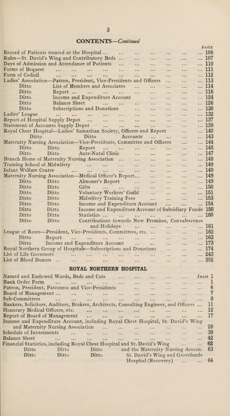 CONTENTS—Continued Record of Patients treated at the Hospital ... Rules—St. David’s Wing and Contributory Beds Days of Admission and Attendance of Patients Forms of Bequest Form of Codicil Ladies’ Association—Patron, President, Vice-Presidents and Officers List of Members and Associates Report ... ... ... ... Income and Expenditure Account Balance Sheet Subscriptions and Donations Ditto Ditto Ditto Ditto Ditto Ladies’ League Report of Hospital Supply Depot Statement of Accounts Supply Depot Royal Chest Hospital—Ladies’ Samaritan Society, Officers and Report Ditto Ditto Accounts Maternity Nursing Association—Vice-Presidents, Committee and Officers Ditto Ditto Report ••• ••• ••• • • • ... 145 Ditto Ditto Ante-Natal Clinic • • • ... 147 Branch Home of Maternity Nursing Association ... • • • ... 148 Training School of Midwifery • •• ••• ... • • ♦ ... • • . ... 149 Infant Welfare Centre ••• ••• ••• ••• • • • ... 149 Maternity Nursing Association— -Medical Officer’s Report... • • • ... 149 Ditto Ditto Almoner’s Report • • • ... 149 Ditto Ditto Gifts ... ... ... ... ... ... 150 Ditto Ditto Voluntary Workers’ Guild • • • ... 151 Ditto Ditto Midwifery Training Fees • • • ... 153 Ditto Ditto Income and Expenditure Account • • • ... 154 Ditto Ditto Income and Expenditure Account of Subsidiary Funds 158 Ditto Ditto Statistics ••• •«. ••• • • • ... 160 Ditto Ditto Contributions towards New Premises, Convalescence and Holidays • • • ... 161 League of Roses- —President, Vice-Presidents, Committees, etc. ... • • > ... 162 Ditto Report • •• ••• • • • ••• ••• • • • ... 163 Ditto Income and Expenditure Account ... ... 173 PAGE . 106 . 107 . 110 . Ill . 112 . 113 . 114 . 116 . 124 . 126 . 130 . 132 . 137 . 139 . 140 . 143 . 144 Royal Northern Group of Hospitals—Subscriptions and Donations ... ... ... 174 List of Life Governors ... ... ... ... ... ... ... ... ... 243 List of Blood Donors ... ... ... ... ... ... ... ... ... ... 252 ROYAL NORTHERN HOSPITAL Named and Endowed Wards, Beds and Cots ... ... ... ... ... Inset 1 Bank Order Form ... ... ... ... ... ... ... ... ... ... 1 Patron, President, Patroness and Vice-Presidents ... ... ... ... ... 6 Board of Management ... ... ... ... ... ... ... ... ... ... 7 Sub-Committees ... ... ... ... ... ... ... ... ... ... 8 Bankers, Solicitors, Auditors, Brokers, Architects, Consulting Engineer, and Officers ... 11 Honorary Medical Officers, etc. ... ... ... ... ... ... ... ... 12 Report of Board of Management ... ... ... ... ... ... ... ... 17 Income and Expenditure Account, including Royal Chest Hospital, St. David’s Wing and Maternity Nursing Association ... ... ... ... ... ... ... 28 Schedule of Investments ... ... ... ... ... ... ... ... ... 38 Balance Sheet ... ... ... ... ... ... ... ... ... ... 42 Financial Statistics, including Royal Chest Hospital and St. David’s Wing ... ... 62 Ditto Ditto Ditto and the Maternity Nursing Assocn. 63 Ditto Ditto Ditto St. David’s Wing and Grovelands Hospital (Recovery) ... ... 64