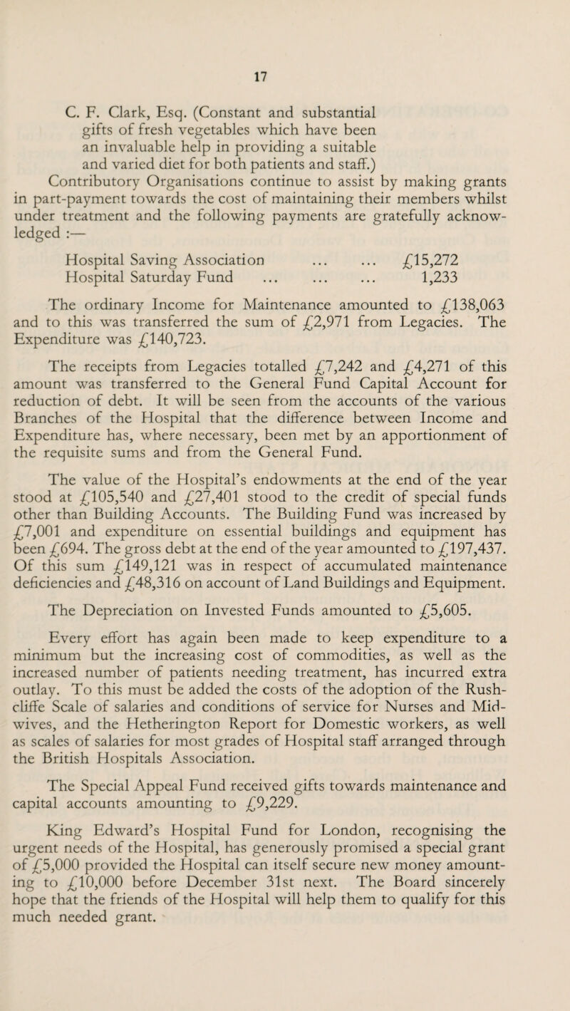 C. F. Clark, Esq. (Constant and substantial gifts of fresh vegetables which have been an invaluable help in providing a suitable and varied diet for both patients and staff.) Contributory Organisations continue to assist by making grants in part-payment towards the cost of maintaining their members whilst under treatment and the following payments are gratefully acknow¬ ledged :— Hospital Saving Association ... ... £15,272 Hospital Saturday Fund ... ... ... 1,233 The ordinary Income for Maintenance amounted to £138,063 and to this was transferred the sum of £2,971 from Legacies. The Expenditure was £140,723. The receipts from Legacies totalled £7,242 and £4,271 of this amount was transferred to the General Fund Capital Account for reduction of debt. It will be seen from the accounts of the various Branches of the Hospital that the difference between Income and Expenditure has, where necessary, been met by an apportionment of the requisite sums and from the General Fund. The value of the Hospital’s endowments at the end of the year stood at £105,540 and £27,401 stood to the credit of special funds other than Building Accounts. The Building Fund was increased by £7,001 and expenditure on essential buildings and equipment has been £694. The gross debt at the end of the year amounted to £197,437. Of this sum £149,121 was in respect of accumulated maintenance deficiencies and £48,316 on account of Land Buildings and Equipment. The Depreciation on Invested Funds amounted to £5,605. Every effort has again been made to keep expenditure to a minimum but the increasing cost of commodities, as well as the increased number of patients needing treatment, has incurred extra outlay. To this must be added the costs of the adoption of the Rush- cliffe Scale of salaries and conditions of service for Nurses and Mid¬ wives, and the Hetherington Report for Domestic workers, as well as scales of salaries for most grades of Hospital staff arranged through the British Hospitals Association. The Special Appeal Fund received gifts towards maintenance and capital accounts amounting to £9,229. King Edward’s Hospital Fund for London, recognising the urgent needs of the Hospital, has generously promised a special grant of £5,000 provided the Hospital can itself secure new money amount¬ ing to £10,000 before December 31st next. The Board sincerely hope that the friends of the Hospital will help them to qualify for this much needed grant.