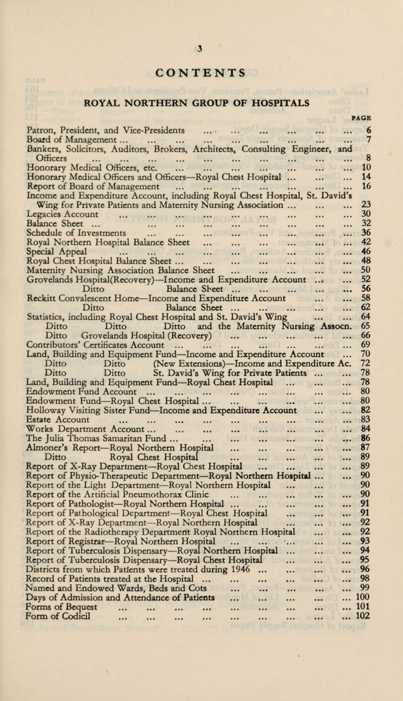 CONTENTS ROYAL NORTHERN GROUP OF HOSPITALS PAGE Patron, President, and Vice-Presidents .. 6 Board of Management... ... ... ... ... ... ... ... ... 7 Bankers, Solicitors, Auditors, Brokers, Architects, Consulting Engineer, and Officers ... ... ... ... ... ... ... ... ... ... 8 Honorary Medical Officers, etc.10 Honorary Medical Officers and Officers—Royal Chest Hospital ... ... ... 14 Report of Board of Management ... ... ... ... ... ... ... 16 Income and Expenditure Account, including Royal Chest Hospital, St. David’s Wing for Private Patients and Maternity Nursing Association ... ... ... 23 Legacies Account .30 Balance Sheet ... ... ... ... ... ... ... ... ... 32 Schedule of Investments ... ... ... ... ... ... ... ... 36 Royal Northern Hospital Balance Sheet ... ... ... ... ... ... 42 Special Appeal ... ... ... ... ... ... ... ... ... 46 Royal Chest Hospital Balance Sheet ... ... ... ... ... ... ... 48 Maternity Nursing Association Balance Sheet ... ... ... ... ... 50 Grovelands Hospital(Recovery)—Income and Expenditure Account ..# ... 52 Ditto Balance Sheet.56 Reckitt Convalescent Home—Income and Expenditure Account ... ... 58 Ditto Balance Sheet ... ... ... ... ... 62 Statistics, including Royal Chest Hospital and St. David’s Wing ... ... 64 Ditto Ditto Ditto and the Maternity Nursing Assocn. 65 Ditto Grovelands Hospital (Recovery) ... ... ... ... ... 66 Contributors’ Certificates Account ... ... ... ... ... ... ... 69 Land, Building and Equipment Fund—Income and Expenditure Account ... 70 Ditto Ditto (New Extensions)—Income and Expenditure Ac. 72 Ditto Ditto St. David’s Wing for Private Patients. 78 Land, Building and Equipment Fund—Royal Chest Hospital ... ... ... 78 Endowment Fund Account ... ... ... ... ... ... ... ... 80 Endowment Fund—Royal Chest Hospital ... ... ... ... ... ... 80 Holloway Visiting Sister Fund—Income and Expenditure Account ... ... 82 Estate Account ... ... ... ... ... ... ... ... ... 83 Works Department Account... ... ... ... ... ... ... ... 84 The Julia Thomas Samaritan Fund ... 86 Almoner’s Report—Royal Northern Hospital .87 Ditto Royal Chest Hospital ... ... ... ... ... 89 Report of X-Ray Department—Royal Chest Hospital ... ... ... ... 89 Report of Physio-Therapeutic Department—Royal Northern Hospital ... ... 90 Report of the Light Department—Royal Northern Hospital ... ... 90 Report of the Artificial Pneumothorax Clinic ... ... ... ... ... 90 Report of Pathologist—Royal Northern Hospital ... ... ... ... ... 91 Report of Pathological Department—Royal Chest Hospital ... ... ... 91 Report of X-Ray Department—Royal Northern Hospital ... ... ... 92 Report of the Radiotherapy Department Royal Northern Hospital ... ... 92 Report of Registrar—Royal Northern Hospital ... ... *... ... ... 93 Report of Tuberculosis Dispensary—Royal Northern Hospital ... ... ... 94 Report of Tuberculosis Dispensary—Royal Chest Hospital ... . 95 Districts from which Patients were treated during 1946 ... ... ... ... 96 Record of Patients treated at the Hospital ... ... ... . ... 98 Named and Endowed Wards, Beds and Cots .99 Days of Admission and Attendance of Patients .100 Forms of Bequest .101 Form of Codicil .102