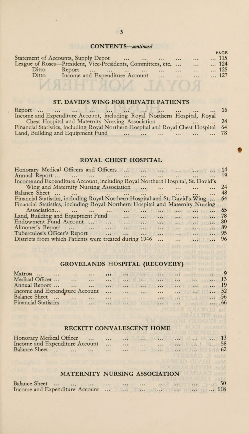 CONTENTS—continued Statement of Accounts, Supply Depot League of Roses—President, Vice-Presidents, Committees, etc. Ditto Report Ditto Income and Expenditure Account PAGE ... 115 ... 124 ... 125 ... 127 ST. DAVID’S WING FOR PRIVATE PATIENTS Report ... ... ... ... ... ... ... ... ... ... ... 15 Income and Expenditure Account, including Royal Northern Hospital, Royal Chest Hospital and Maternity Nursing Association ... ... ... ... 24 Financial Statistics, including Royal Northern Hospital and Royal Chest Hospital 64 Land, Building and Equipment Fund ... ... ... ... ... ... 78 t ROYAL CHEST HOSPITAL Honorary Medical Officers and Officers Annual R.eport ... ... ... ... ... ... ... ... ... ... Income and Expenditure Account, including Royal Northern Hospital, St. David’s Wing and Maternity Nursing Association Balance Sheet ... ... ... ... ... ... ... ... ... ... Financial Statistics, including Royal Northern Hospital and St. David’s Wing ... Financial Statistics, including Royal Northern Hospital and Maternity Nursing Association... ... ... ... ... ... ... ... ... ... Land, Building and Equipment Fund Endowment Fund Account ... ... ... ... ... ... ... Almoner’s Report Tuberculosis Officer’s Report Districts from which Patients were treated during 1946 ... 14 19 24 48 64 65 78 80 89 95 96 GROVELANDS HOSPITAL (RECOVERY) Matron ... ... ... ... .■ • •«• ... ... ... Medical Officer ... Annual Report ... Income and Expenditure Account Balance Sheet Financial Statistics 9 13 19 52 56 66 RECKITT CONVALESCENT HOME Honorary Medical Officer Income and Expenditure Account Balance Sheet ... 13 58 62 MATERNITY NURSING ASSOCIATION Balance Sheet ... ... ... ... ... ... ... ... ... ... 50 Income and Expenditure Account ... ... ... ... ... ... ... 118