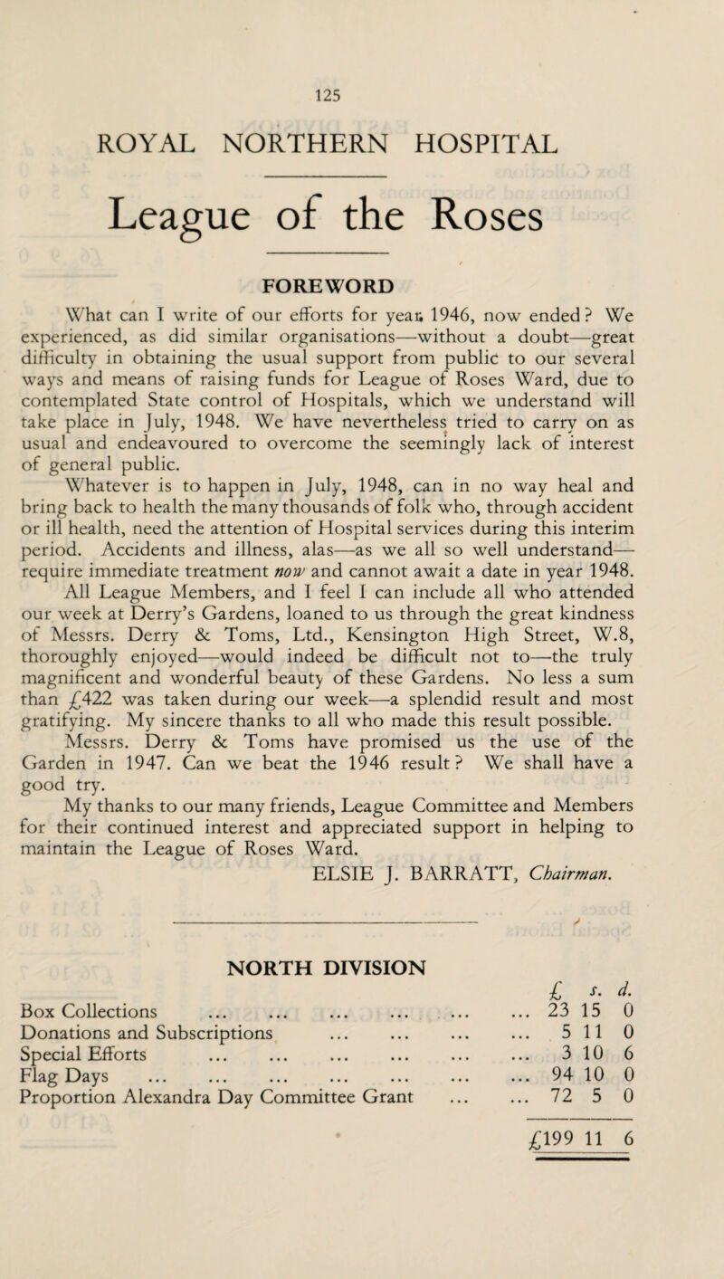 ROYAL NORTHERN HOSPITAL League of the Roses FOREWORD What can I write of our efforts for yeau 1946, now ended? We experienced, as did similar organisations—without a doubt—great difficulty in obtaining the usual support from public to our several ways and means of raising funds for League of Roses Ward, due to contemplated State control of Hospitals, which we understand will take place in July, 1948. We have nevertheless tried to carry on as usual and endeavoured to overcome the seemingly lack of interest of general public. Whatever is to happen in July, 1948, can in no way heal and bring back to health the many thousands of folk who, through accident or ill health, need the attention of Hospital services during this interim period. Accidents and illness, alas—as we all so well understand— require immediate treatment now and cannot await a date in year 1948. All League Members, and I feel I can include all who attended our week at Derry’s Gardens, loaned to us through the great kindness of Messrs. Derry & Toms, Ltd., Kensington High Street, W.8, thoroughly enjoyed—would indeed be difficult not to—-the truly magnificent and wonderful beauty of these Gardens. No less a sum than £422 was taken during our week—a splendid result and most gratifying. My sincere thanks to all who made this result possible. Messrs. Derry & Toms have promised us the use of the Garden in 1947. Can we beat the 1946 result? We shall have a good try. My thanks to our many friends, League Committee and Members for their continued interest and appreciated support in helping to maintain the League of Roses Ward. ELSIE J. BARRATT, Chairman. NORTH DIVISION Box Collections Donations and Subscriptions Special Efforts Flag Days Proportion Alexandra Day Committee Grant £ *• d- ... 23 15 0 ... 5 110 ... 3 10 6 ... 94 10 0 ... 72 5 0 £199 11 6