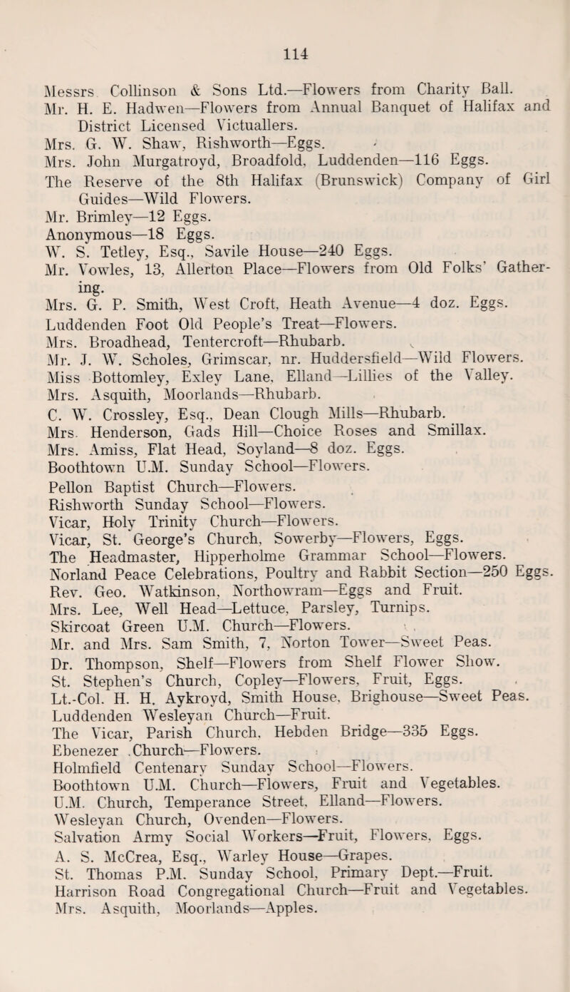 Messrs Collinson & Sons Ltd.—Flowers from Charity Ball. Mr. H. E. Hadwen—Flowers from Annual Banquet of Halifax and District Licensed Victuallers. Mrs. G. W. Shaw, Rishworth—Eggs. Mrs. John Murgatroyd, Broadfold, Luddenden—116 Eggs. The Reserve of the 8th Halifax (Brunswick) Company of Girl Guides—Wild Flowers. Mr. Brimlev—12 Eggs. Anonymous—18 Eggs. W. S. Tetley, Esq., Savile House—240 Eggs. Mr. Vowles, 13, Allerton Place—Flowers from Old Folks' Gather¬ ing. Mrs. G. P. Smith, West Croft, Heath Avenue—4 doz. Eggs. Luddenden Foot Old People’s Treat—Flowers. Mrs. Broadhead, Tentercroft—Rhubarb. v Mr. J. W. Scholes, Grim scar, nr. Huddersfield—-Wild Flowers. Miss Bottomley, Exley Lane, Elland—Lillies of the 1 alley. Mrs. Asquith, Moorlands—Rhubarb. C. W. Crossley, Esq., Dean Clough Mills—Rhubarb. Mrs. Henderson, Gads Hill—Choice Roses and Smillax. Mrs. Amiss, Flat Head, Soyland—8 doz. Eggs. Boothtown U.M. Sunday School—Flowers. PeUon Baptist Church—Flowers. Rishworth Sunday School—Flowers. Vicar, Holy Trinity Church—Flowers. Vicar, St. George’s Church, Sowerby—Flowers, Eggs. The Headmaster, Hipperholme Grammar School—Flowers. Norland Peace Celebrations, Poultry and Rabbit Section—250 Eggs. Rev. Geo. Watkinson, Northowram—Eggs and Fruit. Mrs. Lee, Well Head—Lettuce, Parsley, Turnips. Skircoat Green U.M. Church—Flowers. Mr. and Mrs. Sam Smith, 7, Norton Tower—Sweet Peas. Dr. Thompson, Shelf—Flowers from Shelf Flower Show. St. Stephen’s Church, Copley—Flowers, Fruit, Eggs. Lt.-Col. H. H. Aykroyd, Smith House. Brighouse—Sweet Peas. Luddenden Wesleyan Church—Fruit. The Vicar, Parish Church, Hebden Bridge—335 Eggs. Ebenezer . Church—Flowers. Holmfield Centenary Sunday School—Flowers. Boothtown U.M. Church—Flowers, Fruit and Vegetables. U.M. Church, Temperance Street. Elland—Flowers. Wesleyan Church, Ovenden—Flowers. Salvation Army Social Workers—Fruit, Flowers, Eggs. A. S. McCrea, Esq., Warley House—Grapes. St. Thomas P.M. Sunday School, Primary Dept.—Fruit. Harrison Road Congregational Church—Fruit and Vegetables. Mrs. Asquith, Moorlands—Apples.