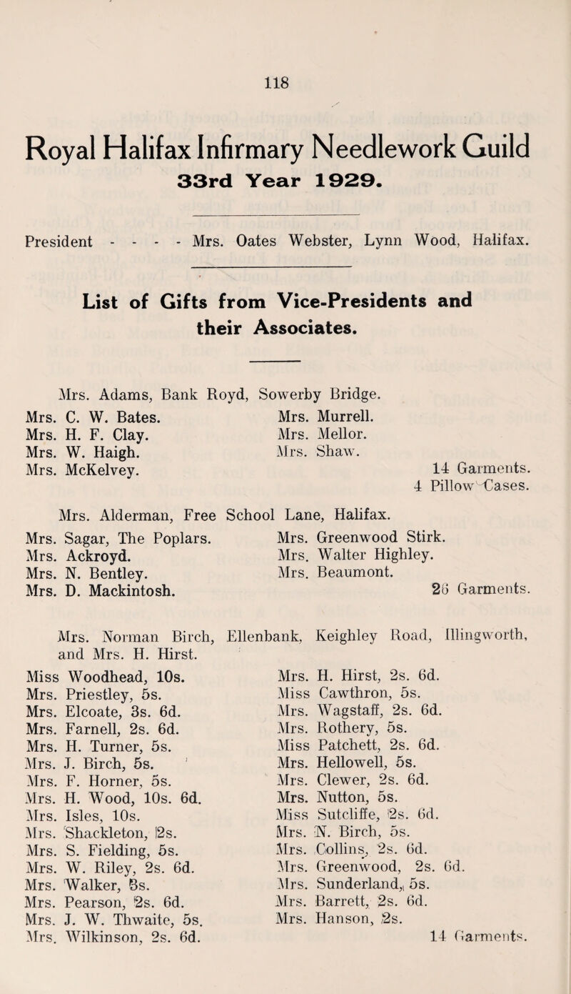 Royal Halifax Infirmary Needlework Guild 33rd Year 1929. President - - - - Mrs. Oates Webster, Lynn Wood, Halifax. List of Gifts from Vice-Presidents and their Associates. Mrs. Adams, Bank Royd, Sowerby Bridge. Mrs. C. W. Bates. Mrs. H. F. Clay. Mrs. W. Haigh. Mrs. McKelvey. Mrs. Murrell. Mrs. Mellor. Mrs. Shaw. 14 Garments. 4 Pillowcases. Mrs. Alderman, Free School Lane, Halifax. Mrs. Sagar, The Poplars. Mrs. Ackroyd. Mrs. N. Bentley. Mrs. D. Mackintosh. Mrs. Greenwood Stirk. Mrs. Walter Highley. Mrs. Beaumont. 28 Garments. Mrs. Norman Birch, Ellenbank, Keighley Road, Illingworth, and Mrs. H. Hirst. Miss Woodhead, 10s. Mrs. Priestley, 5s. Mrs. Elcoate, 3s. 6d. Mrs. Farnell, 2s. 6d. Mrs. H. Turner, 5s. Mrs. J. Birch, 5s. Mrs. F. Horner, 5s. Mrs. H. Wood, 10s. 6d. Mrs. Isles, 10s. Mrs. Shackleton, 12s. Mrs. S. Fielding, 5s. Mrs. W. Riley, 2s. 6d. Mrs. Walker, Bs. Mrs. Pearson, 2s. 6d. Mrs. J. W. Thwaite, 5s. Mrs. H. Hirst, 2s. 6d. Miss Cawthron, 5s. Mrs. Wagstaff, 2s. 6d. Mrs. Rothery, 5s. Miss Patchett, 2s. 6d. Mrs. Hellowell, 5s. Mrs. Clewer, 2s. 6d. Mrs. Nutton, 5s. Miss Sutcliffe, 12s. 6d. Mrs. IN. Birch, 5s. Mrs. Collins, 2s. 6d. Mrs. Greenwood, 2s. Gd. Airs. Sunderland,, 5s. Mrs. Barrett, 2s. 6d. Mrs. Hanson, 2s.