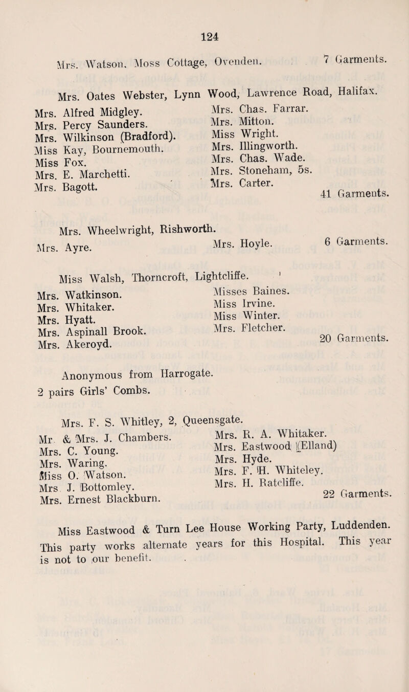 7 Garments. Mrs. Watson, Moss Cottage, Ovenden. Mrs. Oates Webster, Lynn Wood, Lawrence Road, Halifax. Mrs. Alfred Midgley. Mrs. Percy Saunders. Mrs. Wilkinson (Bradford). Miss Kay, Bournemouth. Miss Fox. Mrs. E. Marchetti. Mrs. Bagott. Mrs. Chas. Farrar. Mrs. Mitton. Miss Wright. Mrs. Illingworth. Mrs. Chas. Wade. Mrs. Stoneham, 5s. Mrs. Carter. i 4 f ' n Anfo Mrs. Wheelwright, Rishworth. Mrs. Ayre. Mrs. Hoyle. 6 Garments. Miss Walsh, Thorncroft, Lightcliffe. Mrs. Watkinson. Mrs. Whitaker. Mrs. Hyatt. Mrs. Aspinall Brook. Mrs. Akeroyd. Misses Baines. Miss Irvine. Miss Winter. Mrs. Fletcher. 20 Garments. Anonymous from Harrogate. 2 pairs Girls’ Combs. Mrs. F. S. Whitley, 2, Queensgate. Mr & Mrs. J. Chambers. Mrs. C. Young. Mrs. Waring. Miss 0. Watson. Mrs J. Bottomley. Mrs. Ernest Blackburn. Mrs. R. A. Whitaker. Mrs. Eastwood '/Elland) Mrs. Hyde. Mrs. F. *H. Whiteley. Mrs. H. Ratcliffe. 22 Garments. Miss Eastwood & Turn Lee House Working Party, Luddenden. This party works alternate years for this Hospital. This year is not to our benefit.