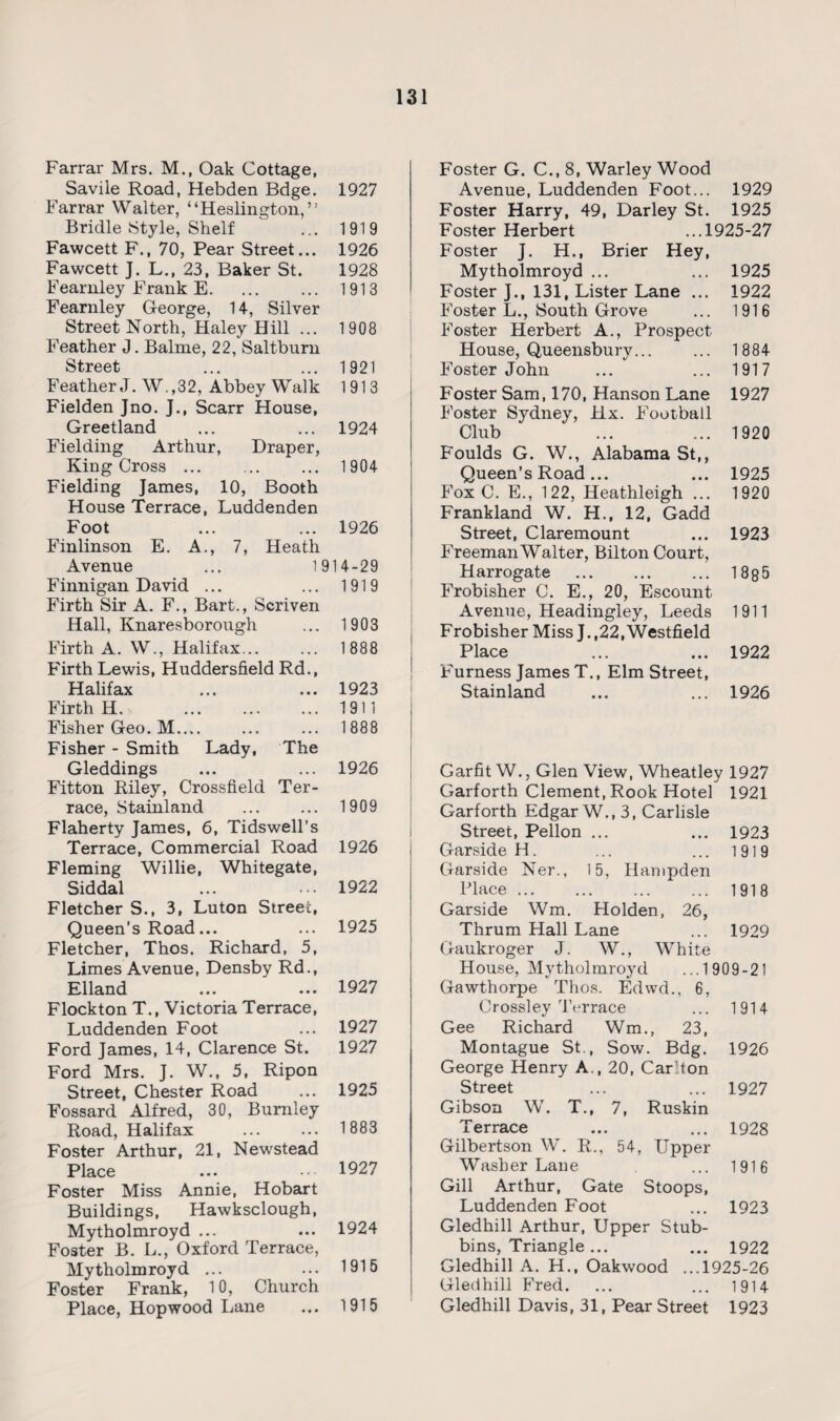 Farrar Mrs. M., Oak Cottage, Savile Road, Hebden Bdge. 1927 Farrar Walter, “Heslington, ” Bridle Style, Shelf ... 1919 Fawcett F., 70, Pear Street... 1926 Fawcett J. L., 23, Baker St. 1928 Fearnley Frank E.1913 Fearnley George, 14, Silver Street North, Haley Hill ... 1908 Feather J. Balme, 22, Saltburn Street ... ... 1921 Feather J. W.,32, Abbey Walk 1913 Fielden Jno. J., Scarr House, Greetland ... ... 1924 Fielding Arthur, Draper, King Cross. 1904 Fielding James, 10, Booth House Terrace, Luddenden Foot ... ... 1926 Finlinson E. A., 7, Heath Avenue ... 1914-29 Finnigan David ... Firth Sir A. F., Bart., Scriven Hall, Knaresborough Firth A. W., Halifax... Firth Lewis, Huddersfield Rd., Halifax Firth H. . Fisher Geo. M.... Fisher - Smith Lady, The Gleddings Fitton Riley, Crossfield Ter¬ race, Stainland Flaherty James, 6, Tidswell’s Terrace, Commercial Road Fleming Willie, Whitegate, Siddal Fletcher S., 3, Luton Street, Queen’s Road... Fletcher, Thos. Richard, 5, Limes Avenue, Densby Rd., Elland Flockton T., Victoria Terrace, Luddenden Foot Ford James, 14, Clarence St. Ford Mrs. J. W., 5, Ripon Street, Chester Road Fossard Alfred, 30, Burnley Road, Halifax . Foster Arthur, 21, Newstead Place Foster Miss Annie, Hobart Buildings, Hawksclough, Mytholmroyd ... Foster B. L., Oxford Terrace, Mytholmroyd ... Foster Frank, 10, Church Place, Hopwood Lane Foster G. C., 8, Warley Wood Avenue, Luddenden Foot... 1929 Foster Harry, 49, Darley St. 1925 Foster Herbert ...1925-27 Foster J. H., Brier Hey, Mytholmroyd ... ... 1925 Foster J., 131, Lister Lane ... 1922 Foster L., South Grove ... 1916 Foster Herbert A., Prospect House, Queensbury... ... 1884 Foster John ... ... 1917 Foster Sam, 170, Hanson Lane 1927 Foster Sydney, Hx. Football Club ... ... 1920 Foulds G. W., Alabama St,, Queen’s Road ... ... 1925 Fox C. E., 122, Heathleigh ... 1920 Frankland W. H., 12, Gadd Street, Claremount ... 1923 Freeman Walter, Bilton Court, Harrogate . 1885 Frobisher C. E., 20, Escount Avenue, Headingley, Leeds 1911 Frobisher Miss J. ,22, Westfield Place ... ... 1922 Furness James T., Elm Street, Stainland ... ... 1926 Garfit W., Glen View, Wheatley 1927 Garforth Clement, Rook Hotel 1921 Garforth Edgar W., 3, Carlisle Street, Pellon ... ... 1923 Garside H. ... ... 1919 Garside Ner., 15, Hampden Place. 1918 Garside Wm. Holden, 26, Thrum Hall Lane ... 1929 Gankroger J. W., White House, Mytholmroyd ...1 909-21 Gawthorpe Thos. Edwd., 6, Crossley Terrace ... 1914 Gee Richard Wm., 23, Montague St., Sow. Bdg. 1926 George Henry A., 20, Carlton Street ... ... 1927 Gibson W. T., 7, Ruskin Terrace ... ... 1928 Gilbertson W. R., 54, Upper Washer Lane ... 1916 Gill Arthur, Gate Stoops, Luddenden Foot ... 1923 Gledhill Arthur, Upper Stub- bins, Triangle ... ... 1922 Gledhill A. H., Oakwood ...1925-26 Gledhill Fred. ... ... 1914 Gledhill Davis, 31, Pear Street 1923 1919 1903 1888 1923 1811 1888 1926 1909 1926 1922 1925 1927 1927 1927 1925 1883 1927 1924 1915 1915