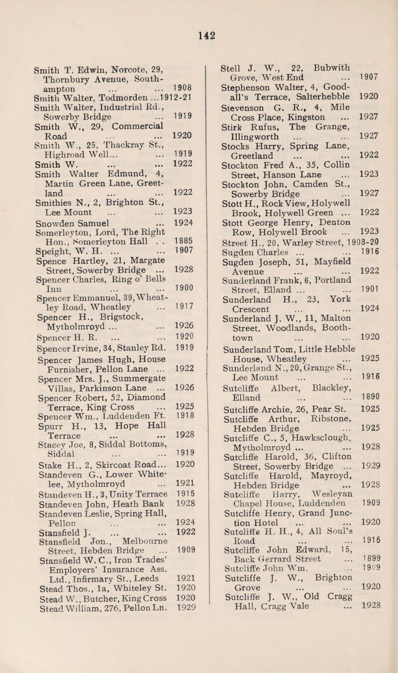 Smith T. Edwin, Norcote, 29, Thornbury Avenue, South¬ ampton ... ... 1908 Smith Walter, Todmorden ...1912-21 Smith AValter, Industrial ltd., Sowerby Bridge ... 1919 Smith W., 29, Commercial Road ... 1920 Smith W., 25, Thackray St., Highroad Well... ... 1919 Smith W. ... ... 1922 Smith Walter Edmund, 4, Martin Green Lane, Greet- land ... ... 1922 Smithies N., 2, Brighton St., Lee Mount ... ... 1923 Snowden Samuel ... 1924 Somerleyton, Lord, The Right Hon., Somerleyton Hall . . 1885 Speight, W. H. ... ... 1907 Spence Hartley, 21, Margate Street, Sowerby Bridge ... 1928 Spencer Charles, Ring o’ Bells Inn ... ... 1900 Spencer Emmanuel, 39, Wheat- ley Road, AVheatley ... 1917 Spencer H., Brigstock, Mytholmroyd ... ... 1926 Spencer H. R. ... ... 1920 Spencer Irvine, 34, Stanley Rd. 1919 Spencer James Hugh, House Furnisher, Pellon Lane ... 1922 Spencer Mrs. J., Summergate Villas, Parkinson Lane ... 1926 Spencer Robert, 52, Diamond Terrace, King Cross ... 1925 Spencer Wm., Luddenden Ft. 1918 Spurr H., 13, Hope Hall Terrace ... ... 1928 Stacey Joe, 8, Siddal Bottoms, Siddal ... ... 1919 Stake H., 2, Skircoat Road... 1920 Standeven G., Lower White- lee, Mytholmroyd ... 1921 Standeven H., 3, Unity Terrace 1915 Standeven John, Heath Bank 1928 Standeven Leslie, Spring Hall, Pellon ... ... 1924 Stansfield J. ... ... 1922 Stansfield Jon., Melbourne Street, Hebden Bridge ... 1909 Stansfield W. C., Iron Trades’ Employers’ Insurance Ass. Ltd., Infirmary St., Leeds 1921 Stead Thos., la, Whiteley St. 1920 Stead W., Butcher, King Cross 1920 Stead William, 276, Pellon Ln. 1929 Stell J. W., 22, Bubwith Grove, AVest End ... 1907 Stephenson Walter, 4, Good- all’s Terrace, Salterhebble 1920 Stevenson G. R., 4, Mile Cross Place, Kingston ... 1927 Stirk Rufus, The Grange, Illingworth ... ... 1927 Stocks Harry, Spring Lane, Greetland ... ... 1922 Stockton Fred A., 35, Collin Street, Hanson Lane ... 1923 Stockton John, Camden St., Sowerby Bridge ... 1927 Stott H., Rock View, Holywell Brook, Holywell Green ... 1922 Stott George Henry, Denton Row, Holywell Brook ... 1923 Street H., 20, Warley Street, 1 903-20 Sugden Charles ... ... 1916 Sugden Joseph, 51, Mayfield Avenue ... ... 1922 Sunderland Frank, 6, Portland Street, Eliand ... ... 1901 Sunderland H., 23, York Crescent ... ... 1924 Sunderland J. W., 11, Malton Street, Woodlands, Booth- town ... ... 1920 Sunderland Tom, Little Hebble House, Wheatley ... 1925 Sunderland N., 20, Grange St., Lee Mount ... ... 1916 Sutcliffe Albert, Blackley, Elland ... ... 1890 Sutcliffe Archie, 26, Pear St. 1925 Sutcliffe Arthur, Ribstone, Hebden Bridge ... 1925 Sutcliffe C., 5, Hawksclough, Mytholmroyd ... ... 1928 Sutcliffe Harold, 36, Clifton Street, Sowerby Bridge ... 1929 Sutcliffe Harold, Mayroyd, Hebden Bridge ... 1928 Sutcliffe Harry, AVesleyan Chapel House, Luddenden 1909 Sutcliffe Henry, Grand Junc¬ tion Hotel ... ... 1920 Sutcliffe H. H., 4, All Soul’s Road ... ••• 1915 Sutcliffe John Edward, 15, Back Gerrard Street ... 1899 Sutcliffe John AVm. ... 1909 Sutcliffe J. W., Brighton Grove ... ... 1920 Sutcliffe J. AV,, Old Cragg Hall, Cragg Vale ... 1928