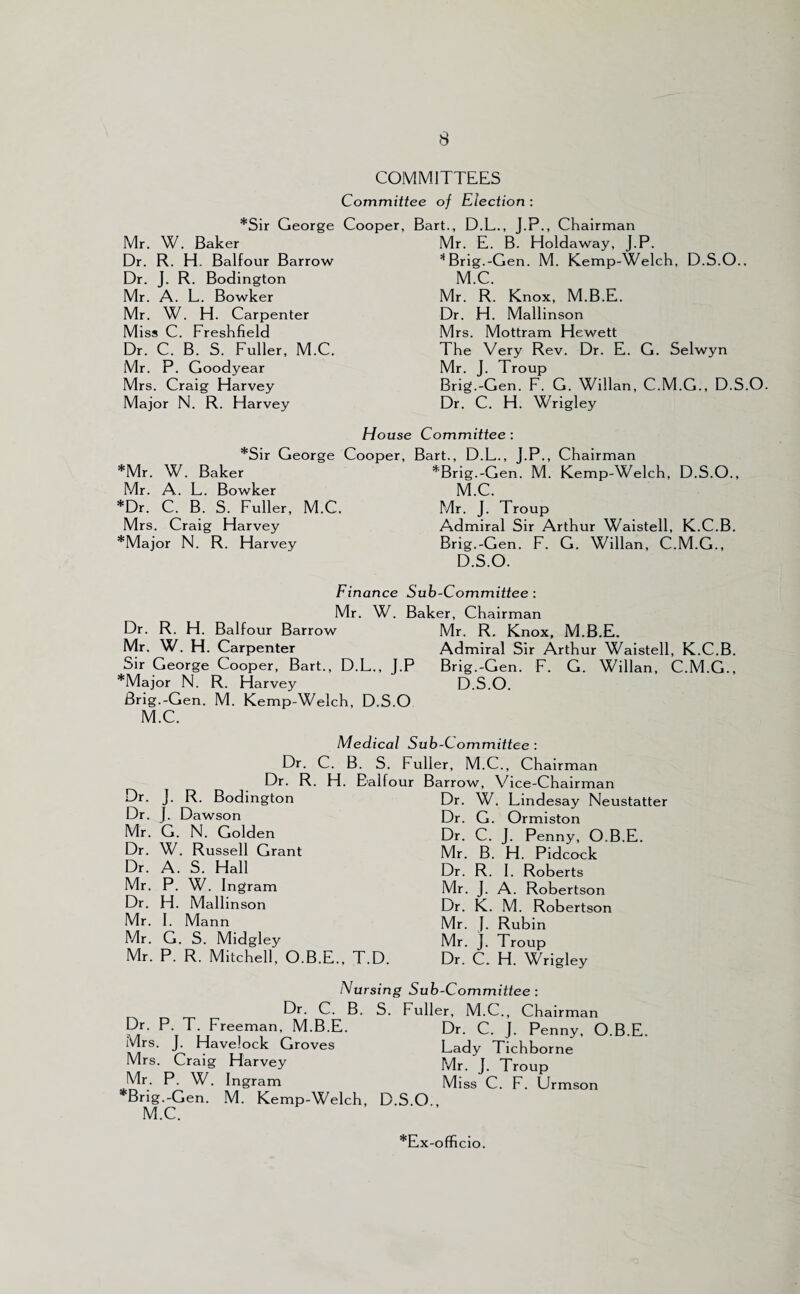 COMMITTEES Committee of Election *Sir George Cooper, Mr. W. Baker Dr. R. H. Balfour Barrow Dr. J. R. Bodington Mr. A. L. Bowker Mr. W. H. Carpenter Miss C. Freshfield Dr. C. B. S. Fuller, M.C. Mr. P. Goodyear Mrs. Craig Harvey Major N. R. Harvey Bart., D.L., J.P., Chairman Mr. E. B. Holdaway, J.P. * Brig.-Gen. M. Kemp-Welch, D.S.O.. M.C. Mr. R. Knox, M.B.E. Dr. H. Mallinson Mrs. Mottram Hewett The Very Rev. Dr. E. G. Selwyn Mr. J. Troup Brig.-Gen. F. G. Wiilan, C.M.G., D.S.O. Dr. C. H. Wrigley House Committee : *Sir George Cooper *Mr. W. Baker Mr. A. L. Bowker *Dr. C. B. S. Fuller, M.C. Mrs. Craig Harvey *Major N. R. Harvey Bart., D.L., J.P., Chairman *Brig.-Gen. M. Kemp-Welch, D.S.O., M.C. Mr. J. Troup Admiral Sir Arthur Waistell, K.C.B. Brig.-Gen. F. G. Wiilan, C.M.G., D.S.O. Finance Sub-Committee : Mr. W. Baker, Chairman Dr. R. H. Balfour Barrow Mr. R. Knox, M.B.E. Mr. W. H. Carpenter Admiral Sir Arthur Waistell, K.C.B. Sir George Cooper, Bart., D.L., J.P Brig.-Gen. F. G. Wiilan, C.M.G., *Major N. R. Harvey D.S.O. Brig.-Gen. M. Kemp-Welch, D.S.O M.C. Medical Sub-Committee : Dr. C. B. S. Fuller, M.C., Chairman Dr. R. H. Balfour Barrow, Vice-Chairman Dr. J. R. Bodington Dr. J. Dawson Mr. G. N. Golden Dr. W. Russell Grant Dr. A. S. Hall Mr. P. W. Ingram Dr. H. Mallinson Mr. I. Mann Mr. G. S. Midgley Mr. P. R. Mitchell, O.B.E., T.D. Dr. W. Lindesay Neustatter Dr. G. Ormiston Dr. C. J. Penny, O.B.E. Mr. B. H. Pidcock Dr. R. I. Roberts Mr. J. A. Robertson Dr. K. M. Robertson Mr. J. Rubin Mr. J. Troup Dr. C. H. Wrigley Dr. C. B. Dr. P. T. Freeman, M.B.E. Mrs. J. Havelock Groves Mrs. Craig Harvey Mr. P. W. Ingram *Brig.-Gen. M. Kemp-Welch, M.C. M.C., Chairman Dr. C. J. Penny, O.B.E Lady Tichborne Mr. J. Troup Miss C. F. Urmson D.S.O., Nursing Sub-Committee : S. Fuller, *Ex-officio.