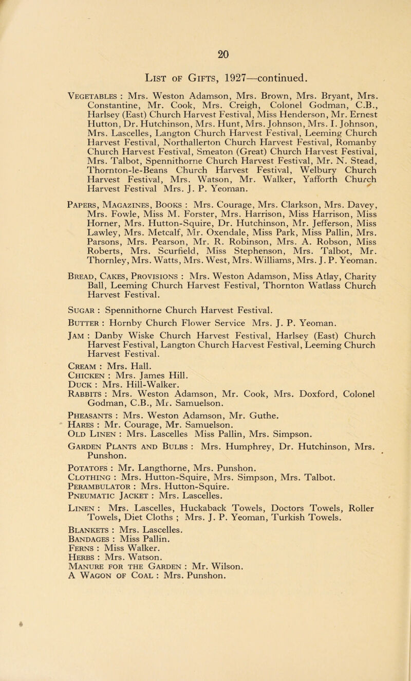 List of Gifts, 1927—continued. Vegetables : Mrs. Weston Adamson, Mrs. Brown, Mrs. Bryant, Mrs. Constantine, Mr. Cook, Mrs. Creigh, Colonel Godman, C.B., Harlsey (East) Church Harvest Festival, Miss Henderson, Mr. Ernest Hutton, Dr. Hutchinson, Mrs. Hunt, Mrs. Johnson, Mrs. I. Johnson, Mrs. Lascelles, Langton Church Harvest Festival, Leeming Church Harvest Festival, Northallerton Church Harvest Festival, Romanby Church Harvest Festival, Smeaton (Great) Church Harvest Festival, Mrs. Talbot, Spennithorne Church Harvest Festival, Mr. N. Stead, Thornton-le-Beans Church Harvest Festival, Welbury Church Harvest Festival, Mrs. Watson, Mr. Walker, Yafforth Church Harvest Festival Mrs. J. P. Yeoman. Papers, Magazines, Books : Mrs. Courage, Mrs. Clarkson, Mrs. Davey, Mrs. Fowle, Miss M. Forster, Mrs. Harrison, Miss Harrison, Miss Horner, Mrs. Hutton-Squire, Dr. Hutchinson, Mr. Jefferson, Miss Lawley, Mrs. Metcalf, Mr. Oxendale, Miss Park, Miss Pallin, Mrs. Parsons, Mrs. Pearson, Mr. R. Robinson, Mrs. A. Robson, Miss Roberts, Mrs. Scurfield, Miss Stephenson, Mrs. Talbot, Mr. Thornley, Mrs. Watts, Mrs. West, Mrs. Williams, Mrs. J. P. Yeoman. Bread, Cakes, Provisions : Mrs. Weston Adamson, Miss Atlay, Charity Ball, Leeming Church Harvest Festival, Thornton Watlass Church Harvest Festival. Sugar : Spennithorne Church Harvest Festival. Butter : Hornby Church Flower Service Mrs. J. P. Yeoman. Jam : Danby Wiske Church Harvest Festival, Harlsey (East) Church Harvest Festival, Langton Church Harvest Festival, Leeming Church Harvest Festival. Cream : Mrs. Hall. Chicken : Mrs. James Hill. Duck : Mrs. Hill-Walker. Rabbits : Mrs. Weston Adamson, Mr. Cook, Mrs. Doxford, Colonel Godman, C.B., Mr. Samuelson. Pheasants : Mrs. Weston Adamson, Mr. Guthe. Hares : Mr. Courage, Mr. Samuelson. Old Linen : Mrs. Lascelles Miss Pallin, Mrs. Simpson. Garden Plants and Bulbs : Mrs. Humphrey, Dr. Hutchinson, Mrs. Punshon. Potatoes : Mr. Langthorne, Mrs. Punshon. Clothing : Mrs. Hutton-Squire, Mrs. Simpson, Mrs. Talbot. Perambulator : Mrs. Hutton-Squire. Pneumatic Jacket : Mrs. Lascelles. Linen : Mrs. Lascelles, Huckaback Towels, Doctors Towels, Roller Towels, Diet Cloths ; Mrs. J. P. Yeoman, Turkish Towels. Blankets : Mrs. Lascelles. Bandages : Miss Pallin. Ferns : Miss Walker. Herbs : Mrs. Watson. Manure for the Garden : Mr. Wilson. A Wagon of Coal : Mrs. Punshon.