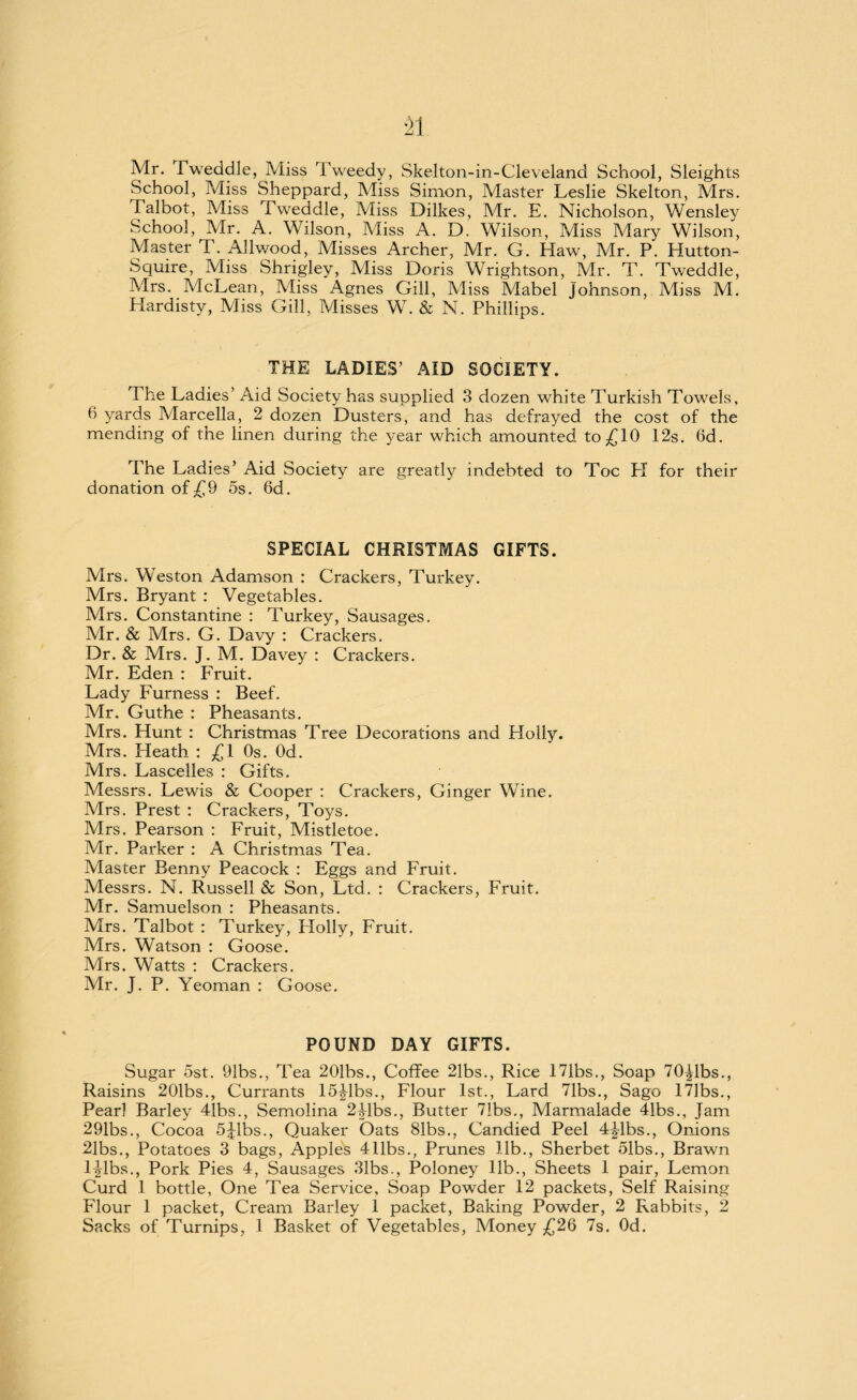Mr. Tweddle, Miss Tweedy, Skelton-in-Cleveland School, Sleights School, Miss Sheppard, Miss Simon, Master Leslie Skelton, Mrs. Talbot, Miss Tweddle, Miss Dilkes, Mr. E. Nicholson, Wensley School, Mr. A. Wilson, Miss A. D. Wilson, Miss Mary Wilson, Master T. Allwood, Misses Archer, Mr. G. Haw, Mr. P. Hutton- Squire, Miss Shrigley, Miss Doris Wrightson, Mr. T. Tweddle, Mrs. McLean, Miss Agnes Gill, Miss Mabel Johnson, Miss M. Hardisty, Miss Gill, Misses W. & N. Phillips. THE LADIES’ AID SOCIETY. The Ladies’ Aid Society has supplied 3 dozen white Turkish Towels, 6 yards Marcella, 2 dozen Dusters, and has defrayed the cost of the mending of the linen during the year which amounted to £10 12s. 6d. The Ladies’ Aid Society are greatly indebted to Toe H for their donation of £9 5s. 6d. SPECIAL CHRISTMAS GIFTS. Mrs. Weston Adamson : Crackers, Turkey. Mrs. Bryant : Vegetables. Mrs. Constantine : Turkey, Sausages. Mr. & Mrs. G. Davy : Crackers. Dr. & Mrs. J. M. Davey : Crackers. Mr. Eden : Fruit. Lady Furness : Beef. Mr. Guthe : Pheasants. Mrs. Hunt : Christmas Tree Decorations and Holly. Mrs. Heath : £1 Os. Od. Mrs. Lascelles : Gifts. Messrs. Lewis & Cooper : Crackers, Ginger Wine. Mrs. Prest : Crackers, Toys. Mrs. Pearson : Fruit, Mistletoe. Mr. Parker : A Christmas Tea. Master Benny Peacock : Eggs and Fruit. Messrs. N. Russell & Son, Ltd. : Crackers, Fruit. Mr. Samuelson : Pheasants. Mrs. Talbot : Turkey, Llolly, Fruit. Mrs. Watson : Goose. Mrs. Watts : Crackers. Mr. J. P. Yeoman : Goose. POUND DAY GIFTS. Sugar 5st. 91bs., Tea 201bs., Coffee 21bs., Rice 171bs., Soap 70|lbs., Raisins 201bs., Currants 15^1bs., Flour 1st., Lard 71bs., Sago 171bs., Pearl Barley 41bs., Semolina 241bs., Butter 7!bs., Marmalade 41bs., Jam 291bs., Cocoa 5£lbs., Quaker Oats 81bs., Candied Peel 4£lbs., Onions 21bs., Potatoes 3 bags, Apples 411bs., Prunes 11b., Sherbet 51bs., Brawn l^lbs., Pork Pies 4, Sausages 31bs., Poloney lib., Sheets 1 pair, Lemon Curd 1 bottle, One Tea Service, Soap Powder 12 packets, Self Raising Flour 1 packet, Cream Barley 1 packet, Baking Powder, 2 Rabbits, 2
