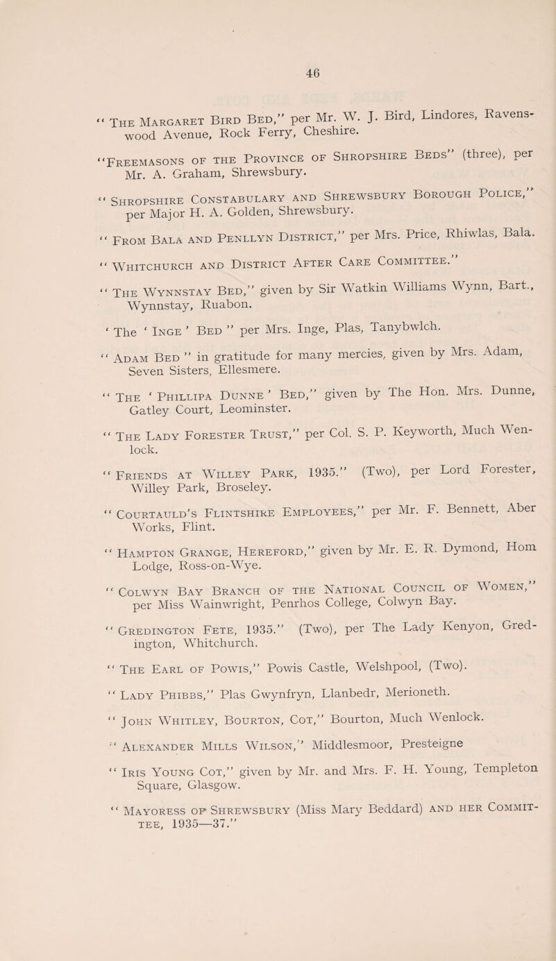 ■' The Margaret Bird Bed,” per Mr. W. J. Bird, Lindores, Ravens- wood Avenue, Rock Ferry, Cheshire. “Freemasons of the Province of Shropshire Beds” (three), per Mr. A. Graham, Shrewsbury. “ Shropshire Constabulary and Shrewsbury Borough Police,” per Major Id. A. Golden, Shrewsbury. “ From Bala and Penllyn District,” per Mrs. Price, Rhiwlas, Bala. “ Whitchurch and District After Care Committee.” “ The Wynnstay Bed,” given by Sir Watkin Williams Wynn, Bart., Wynnstay, Ruabon. ‘ The ‘ Inge ’ Bed ” per Mrs. Inge, Plas, Tanybwlch. “ Adam Bed ” in gratitude for many mercies, given by Mrs. Adam, Seven Sisters, Ellesmere. “ The ‘ Phillipa Dunne ’ Bed,” given by I he Hon. Mrs. Dunne, Gatley Court, Leominster. “ The Lady Forester Trust,” per Col. S. P. Iveyworth, Much Wen- lock. “ Friends at Willey Park, 1935.” (Two), per Lord Forester, Willey Park, Broseley. “ Courtaijld’s Flintshire Employees,” per Mr. F. Bennett, Aber Works, Flint. “ Hampton Grange, Hereford,” given by Mr. E. R. Dymond, Horn Lodge, Ross-on-Wye. “ Colwyn Bay Branch of the National Council of Women, per Miss Wainwright, Penrhos College, Colwyn Bay. “ Gredington Fete, 1935.” (Two), per The Lady Kenyon, Gred- ington, Whitchurch. “ The Earl of Powis,” Powis Castle, Welshpool, (Two). “ Lady Phibbs,” Plas Gwynfryn, Llanbedr, Merioneth. “ John Whitley, Bourton, Cot,” Bourton, Much Wenlock. “ Alexander Mills Wilson,” Middlesmoor, Presteigne “ Iris Young Cot,” given by Mr. and Mrs. F. H. Goung, Templeton Square, Glasgow. “ Mayoress of Shrewsbury (Miss Mary Beddard) and her Commit¬ tee, 1935—37.”