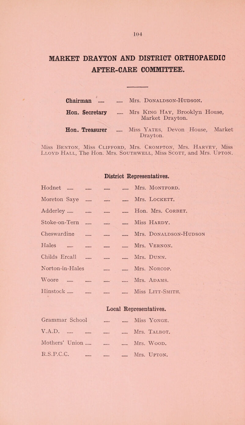 MARKET DRAYTON AND DISTRICT ORTHOPAEDIC AFTER-CARE COMMITTEE. Chairman . Mrs. Donaldson-Hudson. Hon. Secretary . Mrs King Hay, Brooklyn House, Market Drayton. Hon. Treasurer . Miss Yates, Devon House, Market Drayton. Miss Benton, Miss Clifford, Mrs. Crompton, Mrs. Harvey, Miss Lloyd Hall, The Hon. Mrs. Southwell, Miss Scott, and Mrs. Upton. Hodnet . District Representatives. . Mrs. Montford. Moreton Saye . . Mrs. Lockett. Adderley ...... . Hon Mrs. Corbet. Stoke-on-Tern .. . Miss Hardy. Cheswardine . Mrs. Donaldson-Hudson Hales . . Mrs. Vernon. Childs Ercall . Mrs. Dunn. N orton-in-Hales . Mrs. Norcop. Woore . . Mrs. Adams. Hinstock. 1 . Miss Litt-Smith. Grammar School Local Representatives. . Miss Yonge. V.A.D. .. ...... . Mrs. Talbot. Mothers’ Union. . . Mrs. Wood. R.S.P.C.C. Mrs. Upton.
