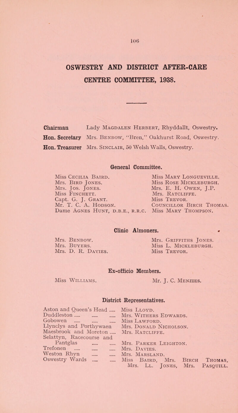 OSWESTRY AND DISTRICT AFTER-CARE CENTRE COMMITTEE, 1938. Chairman Hon. Secretary Hon. Treasurer Lady Magdalen Herbert, Rhyddallt, Oswestry. Mrs. Benbow, “Bren/' Oakhurst Road, Oswestry. Mrs. Sinclair, 50 Welsh Walls, Oswestry. General Committee. Miss Cecilia Baird. Mrs. Bird Jones. Mrs. Jos. Jones. Miss Finchett. Capt. G. J. Grant. Mr. T. C. A. Hodson. Dame Agnes Hunt, d.b.e., r.r.c. Miss Mary Longueville. Miss Rose Mickleburgh. Mrs. E. H. Owen, J.P. Mrs. Ratcliffe. Miss Trevor. Councillor Birch Thomas. Miss Mary Thompson. Clinic Almoners. Mrs. Benbow. Mrs. Buyers. Mrs. D. R. Davies. Mrs. Griffiths Jones. Miss L. Mickleburgh. Miss Trevor. Ex-officio Members. Miss Williams. Mr. J. C. Menzies. District Representatives. Aston and Queen’s Head .... Duddleston. Gobowen Llynclys and Porthywaen Maesbrook and Moreton .... Selattyn, Racecourse and Pantglas Trefonen Weston Rhyn Oswestry Wards . Miss Lloyd. Mrs. Withers Edwards. Miss Lawford. Mrs. Donald Nicholson. Mrs. Ratcliffe. Mrs. Parker Leighton. Mrs. Davies. Mrs. Marsland. Miss Baird, Mrs. Birch Thomas, Mrs. Ll. Jones, Mrs. Pasquill.
