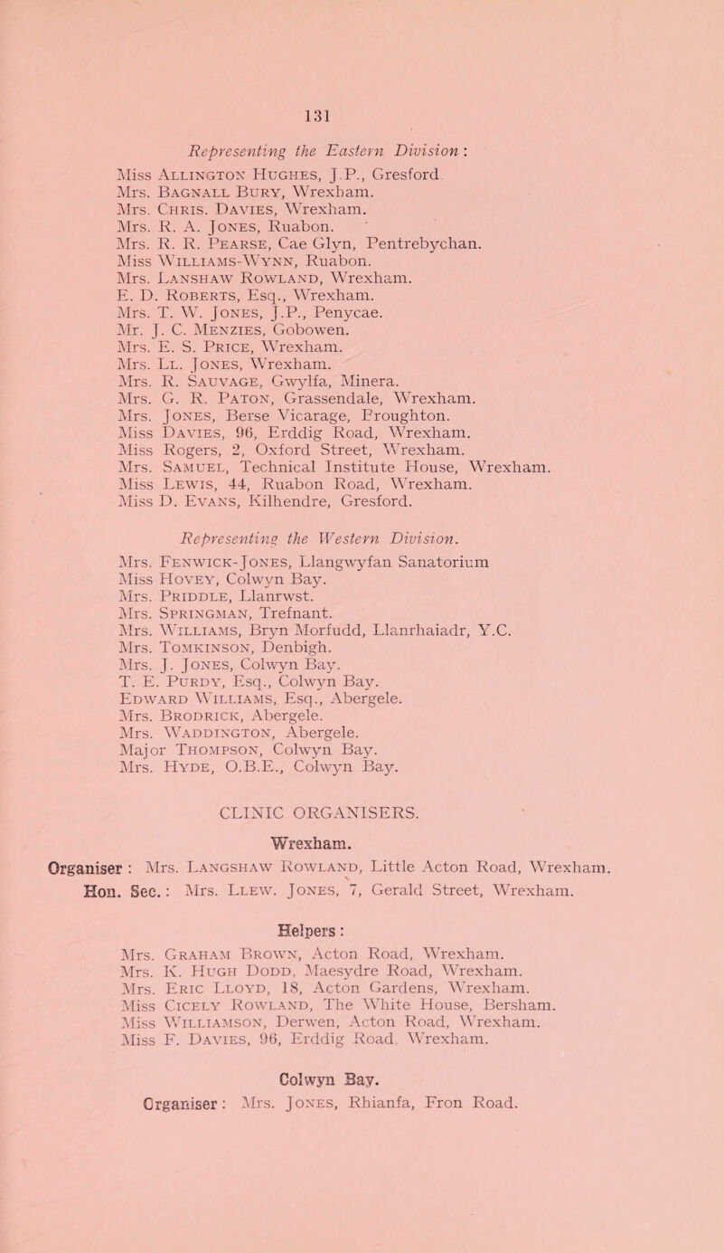 Representing the Eastern Division : Miss Allington Hughes, J.P., Gresford Mrs. Bagnall Bury, Wrexham. Mrs. Chris. Davies, Wrexham. Mrs. R. A. Jones, Ruabon. Mrs. R. R. Pearse, Cae Glyn, Pentrebychan. Miss Williams-Wynn, Ruabon. Mrs. Lanshaw Rowland, Wrexham. E. D. Roberts, Esq., Wrexham. Mrs. T. W. Jones, J.P., Penycae. Mr. J. C. Menzies, Gobowen. Mrs. E. S. Price, Wrexham. Mrs. Ll. Jones, Wrexham. Mrs. R. Sauvage, Gwylfa, Minera. Mrs. G. R. Paton, Grassendale, Wrexham. Mrs. Jones, Berse Vicarage, Broughton. Miss Davies, 96, Erddig Road, Wrexham. Miss Rogers, 2, Oxford Street, Wrexham. Mrs. Samuel, Technical Institute House, Wrexham. Miss Lewis, 44, Ruabon Road, Wrexham. Miss D. Evans, Kilhendre, Gresford. Representing the Western Division. Mrs. Fenwick-Jones, Llangwyfan Sanatorium Miss Hovey, Colwyn Bay. Mrs. Priddle, Llanrwst. Mrs. Springman, Trefnant. Mrs. Williams, Bryn Morfudd, Llanrhaiadr, Y.C. Mrs. Tomkinson, Denbigh. Mrs. J. Jones, Colwyn Bay. T. E. Purdy, Esq., Colwyn Bay. Edward Williams, Esq., Abergele. Airs. Brodrick, Abergele. Mrs. Waddington, Abergele. Major Thompson, Colwyn Bay. Mrs. Hyde, O.B.E., Colwyn Bay. CLINIC ORGANISERS. Wrexham. Organiser : Mrs. Langshaw Rowland, Little Acton Road, Wrexham. Hon. See. : Mrs. Llew. Jones, 7, Gerald Street, Wrexham. Helpers: Mrs. Graham Brown, Acton Road, Wrexham. Mrs. K. Hugh Dodd, Alaesydre Road., Wrexham. Airs. Eric Lloyd, 18, Acton Gardens, Wrexham. Aliss Cicely Rowland, The White House, Bersham. Aliss Williamson, Derwen, Acton Road, Wrexham. Aliss F. Davies, 96, Erddig Road. Wrexham. Colwyn Bay. Organiser: Airs. Jones, Rhianfa, Fron Road.