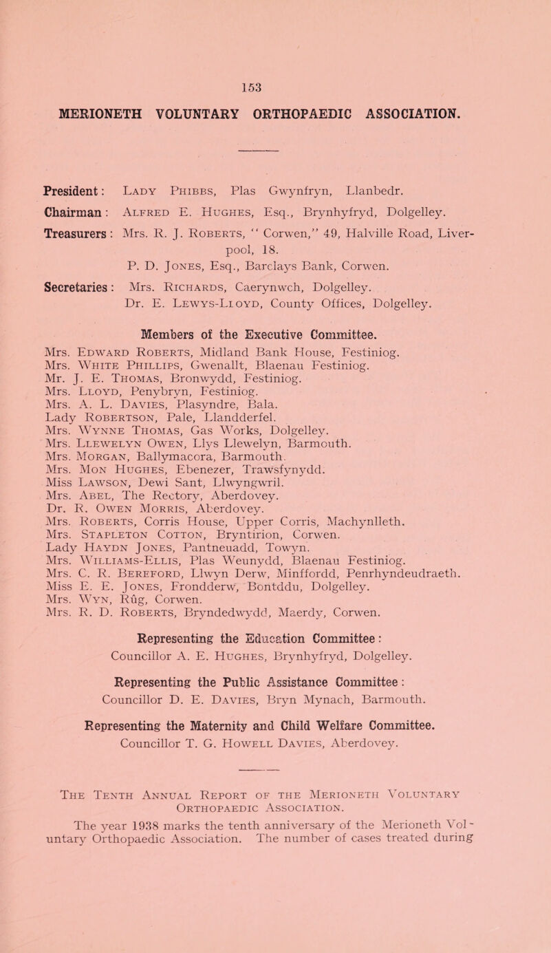 MERIONETH VOLUNTARY ORTHOPAEDIC ASSOCIATION. President: Lady Phibbs, Plas Gwynfryn, Llanbedr. Chairman: Alfred E. Hughes, Esq., Brynhyfryd, Dolgelley. Treasurers: Mrs. R. J. Roberts, “ Corwen,” 49, Halville Road, Liver¬ pool, 18. P. D. Jones, Esq., Barclaj^s Bank, Corwen. Secretaries: Mrs. Richards, Caerynwch, Dolgelley. Dr. E. Lewys-Lioyd, County Offices, Dolgelley. Members of the Executive Committee. Mrs. Edward Roberts, Midland Bank House, Festiniog. Mrs. White Phillips, Gwenallt, Blaenau Festiniog. Mr. J. E. Thomas, Bronwydd, Festiniog. Mrs. Lloyd, Penybryn, Festiniog. Mrs. A. L. Davies, Plasyndre, Bala. Lady Robertson, Pale, Llandderfel. Mrs. Wynne Thomas, Gas Works, Dolgelley. Mrs. Llewelyn Owen, Llys Llewelyn, Barmouth. Mrs. Morgan, Ballymacora, Barmouth. Mrs. Mon Hughes, Ebenezer, Trawsfynydd. Miss Lawson, Dewi Sant, Llw-yngwril. Mrs. Abel, The Rectory, Aberdovey. Dr. R. Owen Morris, Aberdovey. Mrs. Roberts, Corris House, Upper Corris, Machynlleth. Mrs. Stapleton Cotton, Bryntirion, Corwen. Lady Haydn Jones, Pantneuadd, Towyn. Mrs. Williams-Ellis, Plas Weunydd, Blaenau Festiniog. Mrs. C. R. Bereford, Llwyn Derw, Minffordd, Penrhyndeudraeth. Miss E. E. Jones, Frondderw, Bontddu, Dolgelley. Mrs. Wyn, Rug, Corwen. Mrs. R. D. Roberts, Bryndedwydd, Maerdy, Corwen. Representing the Education Committee: Councillor A. E. Hughes, Brynhyfryd, Dolgelley. Representing the Public Assistance Committee: Councillor D. E. Davies, Bryn Mynach, Barmouth. Representing the Maternity and Child Welfare Committee. Councillor T. G. Howell Davies, Aberdovey. The Tenth Annual Report of the Merioneth Voluntary Orthopaedic Association. The year 1938 marks the tenth anniversary of the Merioneth Vol¬ untary Orthopaedic Association. The number of cases treated during