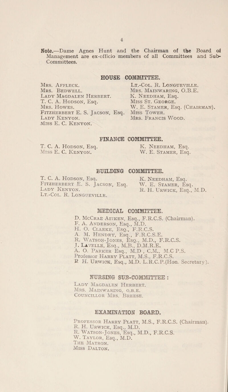Note.—Dame Agnes Hunt and the Chairman of the Board of Management are ex-officio members of all Committees and Sub- Committees. HOUSE COMMITTEE. Mrs. Affleck. Mrs. Bedwell. Lady Magdalen Herbert. T. C. A. Hodson, Esq. Mrs. Howes. Fitzherbert E. S. Jacson, Esq. Lady Kenyon. Miss E. C. Kenyon. Lt.-Col. R. Longueville. Mrs. Mainwaring, O.B.E. K. Needham, Esq. Miss St. George. W. E. Stamer, Esq. (Chairman). Miss Tower. Mrs. Francis Wood. FINANCE COMMITTEE. T. C. A. Hodson, Esq. K. Needham, Esq. Miss E. C. Kenyon. W. E. Stamer, Esq. BUILDING COMMITTEE. T. C. A. LIodson, Esq. K. Needham, Esq. Fitzherbert E. S. Jacson, Esq. W. E. Stamer, Esq. Lady Kenyon. R. H. Urwick, Esq., M D. Lt.-Col. R. Longueville. MEDICAL COMMITTEE, D. McCrae Aitken, Esq., F.R.C.S. (Chairman). F. A. Anderson, Esq., M.D. H. O. Clarke, Esq., F.R.C.S. A. M. LIendry, Esq., F.R.C.S.E. R. Watson-Jones, Esq., M.D., F.R.C.S. T. Lavelle, Esq., M.B., D.M.R.E. A. O. Parker Esq., M.D, C.M., M.C P.S. Professor Harry Platt, M.S., F.R.C.S. R H. Urwick, Esq., M.D. L.R.C.P.(Hon. Secretary). NURSING SUB-COMMITTEE : Lady Magdalen Herbert. Mrs. Mainwaring, o.b.e. Councillor Mrs. Breese. EXAMINATION BOARD. Professor Harry Platt, M.S., F.R.C.S. (Chairman). R. H. Urwick, Esq., M.D. R. Watson-Jones, Esq., M.D., F.R.C.S. W. Taylor, Esq., M.D. The Matron. Miss Dalton.