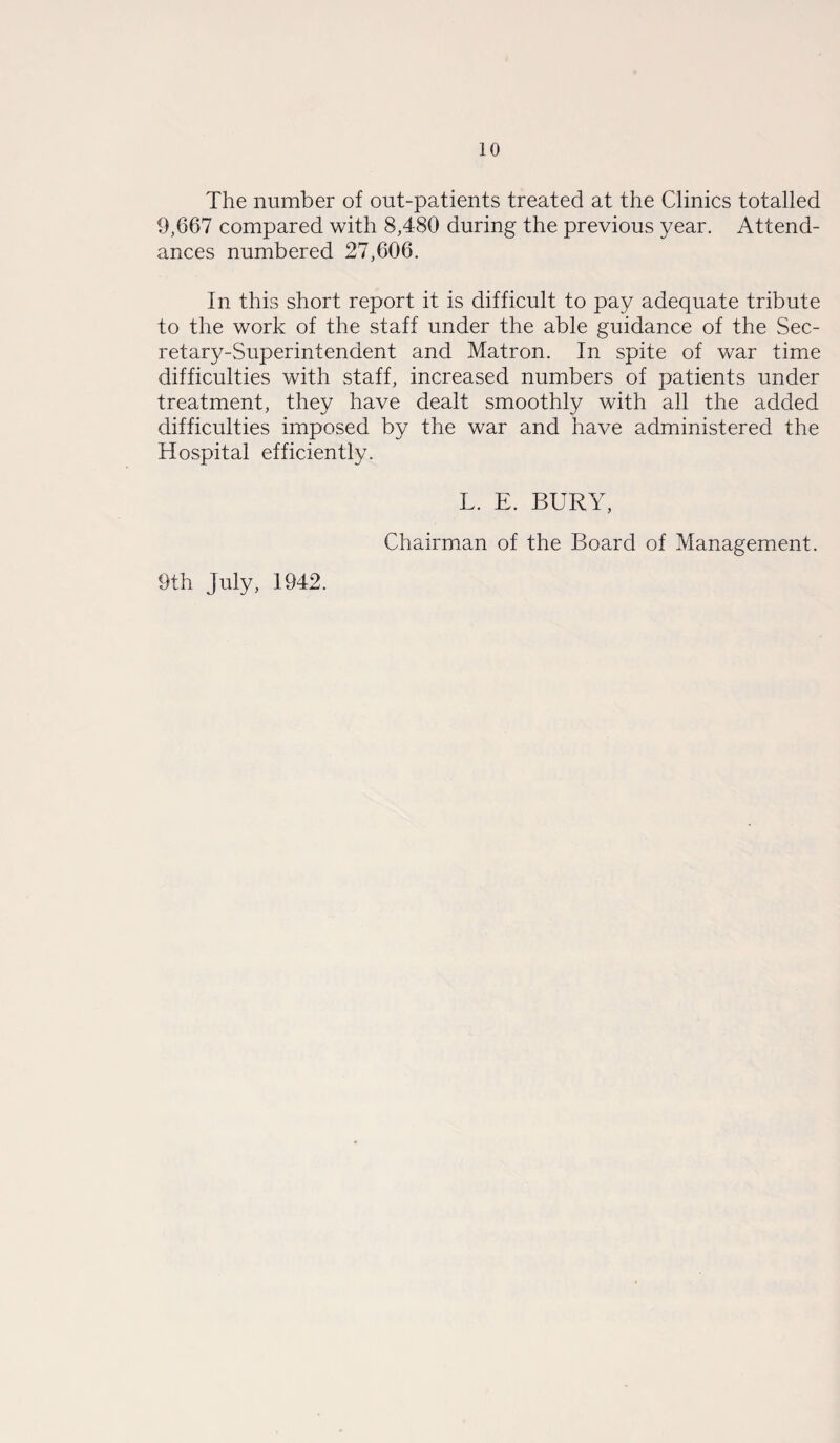 The number of out-patients treated at the Clinics totalled 9,667 compared with 8,4-80 during the previous year. Attend¬ ances numbered 27,606. In this short report it is difficult to pay adequate tribute to the work of the staff under the able guidance of the Sec¬ retary-Superintendent and Matron. In spite of war time difficulties with staff, increased numbers of patients under treatment, they have dealt smoothly with all the added difficulties imposed by the war and have administered the Hospital efficiently. L. E. BURY, Chairman of the Board of Management. 9th July, 1942.