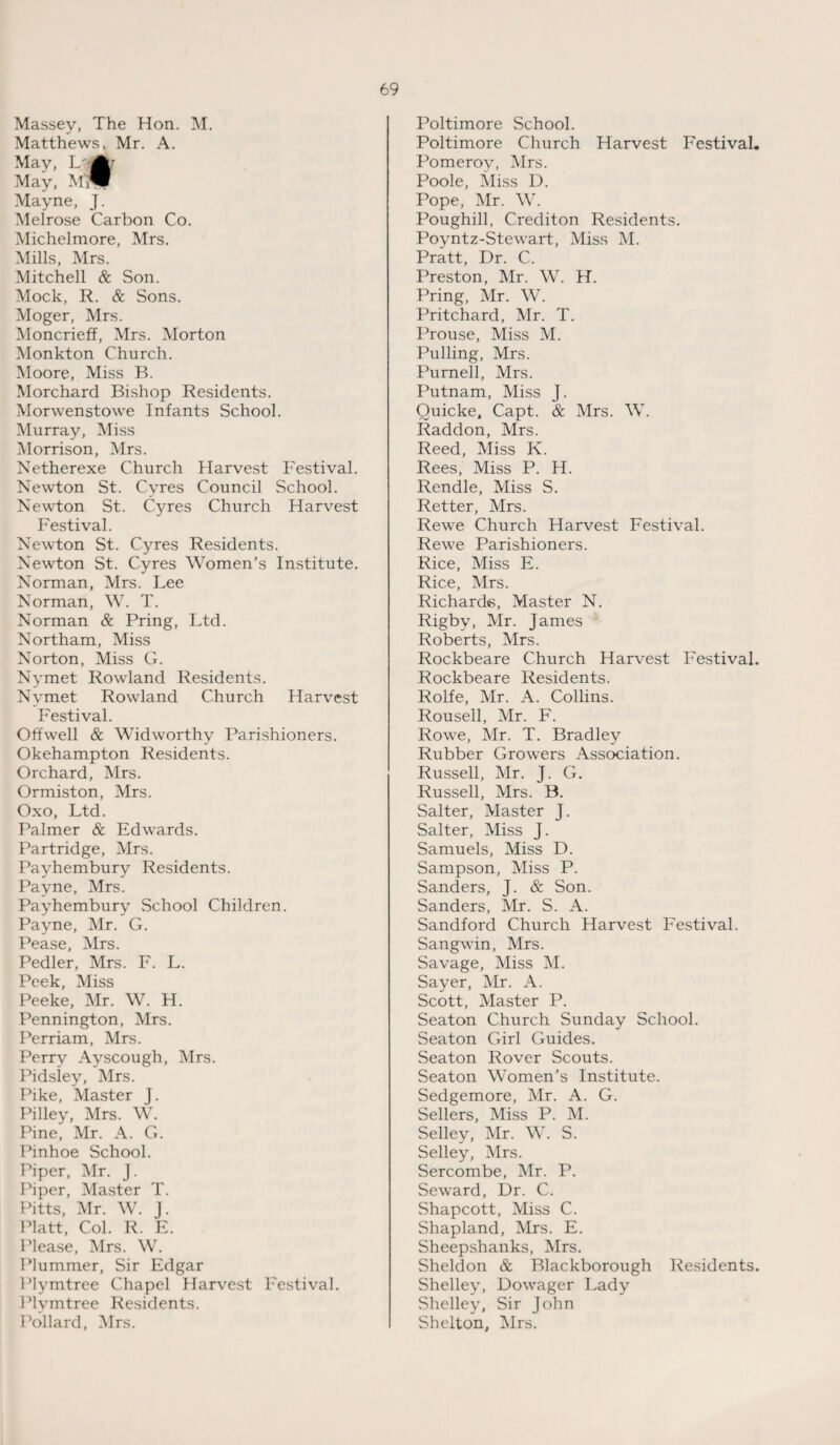 Massey, The Hon. M. Matthews, Mr. A. May, May, Mayne, J. Melrose Carbon Co. Michelmore, Mrs. Mills, Mrs. Mitchell & Son. Mock, R. & Sons. Moger, Mrs. Moncrieff, Mrs. Morton Monkton Church. Moore, Miss B. Morchard Bishop Residents. Morwenstowe Infants School. Murray, Miss Morrison, Mrs. Netherexe Church Harvest Festival. Newton St. Cyres Council School. Newton St. Cyres Church Harvest Festival. Newton St. Cyres Residents. Newton St. Cyres Women’s Institute. Norman, Mrs. Lee Norman, W. T. Norman & Pring, Ltd. Northam, Miss Norton, Miss G. Nymet Rowland Residents. Nymet Rowland Church Harvest Festival. Offwell & Widworthy Parishioners. Okehampton Residents. Orchard, Mrs. Ormiston, Mrs. Oxo, Ltd. Palmer & Edwards. Partridge, Mrs. Payhembury Residents. Payne, Mrs. Payhembury School Children. Payne, Mr. G. Pease, Mrs. Pedler, Mrs. F. L. Peek, Miss Peeke, Mr. W. H. Pennington, Mrs. Perriam, Mrs. Perry Ayscough, Mrs. Pidsley, Mrs. Pike, Master J. Pilley, Mrs. W. Pine, Mr. A. G. Pinhoe School. Piper, Mr. J. Piper, Master T. Pitts, Mr. W. J. Platt, Col. R. E. Please, Mrs. W. Plummer, Sir Edgar Plymtree Chapel Harvest Festival. Plvmtree Residents. Pollard, Mrs. Poltimore School. Poltimore Church Harvest Festival. Pomerov, Mrs. Poole, Miss D. Pope, Mr. W. Poughill, Crediton Residents. Poyntz-Stewart, Miss M. Pratt, Dr. C. Preston, Mr. W. H. Pring, Mr. W. Pritchard, Mr. T. Prouse, Miss M. Pulling, Mrs. Purnell, Mrs. Putnam, Miss J. Quicke, Capt. & Mrs. W. Raddon, Mrs. Reed, Miss K. Rees, Miss P. H. Rendle, Miss S. Retter, Mrs. Rewe Church Harvest Festival. Rewe Parishioners. Rice, Miss E. Rice, Mrs. Richards, Master N. Rigby, Mr. James Roberts, Mrs. Rockbeare Church Harvest Festival. Rockbeare Residents. Rolfe, Mr. A. Collins. Rousell, Mr. F. Rowe, Mr. T. Bradley Rubber Growers Association. Russell, Mr. J. G. Russell, Mrs. B. Salter, Master J. Salter, Miss J. Samuels, Miss D. Sampson, Miss P. Sanders, J. & Son. Sanders, Mr. S. A. Sandford Church Harvest Festival. Sangwin, Mrs. Savage, Miss M. Sayer, Mr. A. Scott, Master P. Seaton Church Sunday School. Seaton Girl Guides. Seaton Rover Scouts. Seaton Women’s Institute. Sedgemore, Mr. A. G. Sellers, Miss P. M. Selley, Mr. W. S. Selley, Mrs. Sercombe, Mr. P. Seward, Dr. C. Shapcott, Miss C. Shapland, Mrs. E. Sheepshanks, Mrs. Sheldon & Blackborough Residents. Shelley, Dowager Lady Shelley, Sir John Shelton, Mrs.