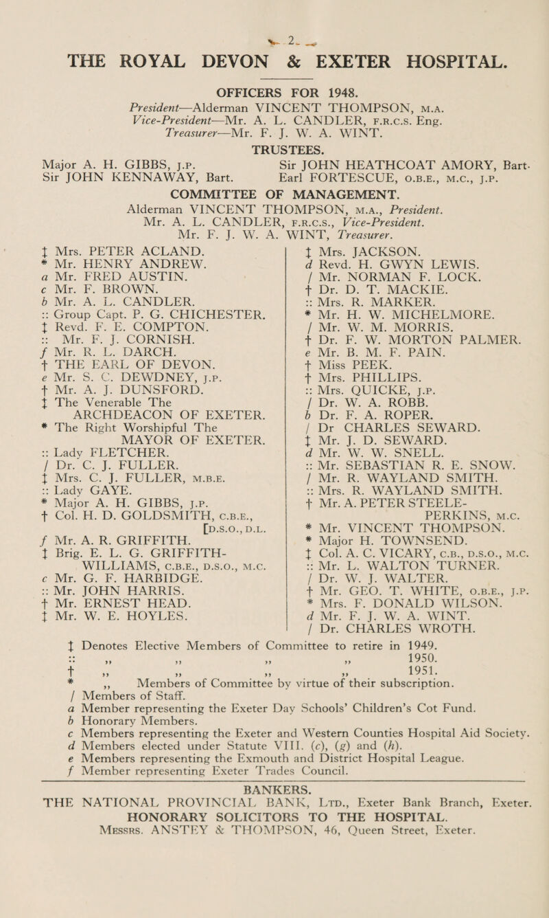 THE ROYAL DEVON & EXETER HOSPITAL OFFICERS FOR 1948. President—Alderman VINCENT THOMPSON, m.a. Vice-President—Mr. A. L. CANDLER, f.r.c.s. Eng. Treasurer—Mr. F. J. W. A. WINT. TRUSTEES. Major A. H. GIBBS, j.p. Sir JOHN HEATHCOAT AMORY, Bart- Sir JOHN KENNAWAY, Bart. Earl FORTESCUE, o.b.e., m.c., j.p. COMMITTEE OF MANAGEMENT. Alderman VINCENT THOMPSON, m.a., President. Mr. A. L. CANDLER, f.r.c.s., Vice-President. Mr. F. J. W. A. WINT, Treasurer. X Mrs. PETER ACLAND. * Mr. HENRY ANDREW, a Mr. FRED AUSTIN. c Mr. F. BROWN. b Mr. A. L. CANDLER. :: Group Capt. P. G. CHICHESTER. X Revd. F. E. COMPTON. :: Mr. F. J. CORNISH. / Mr. R. L. DARCH. f THE EARL OF DEVON. e Mr. S. C. DEWDNEY, j.p. f Mr. A. J. DUNSFORD. J The Venerable The ARCHDEACON OF EXETER. * The Right Worshipful The MAYOR OF EXETER. :: Ladv FLETCHER. / Dr. C. J. FULLER. x Mrs. C. J. FULLER, m.b.e. :: Ladv GAYE. * Major A. H. GIBBS, j.p. t Col. H. D. GOLDSMITH, c.b.e., [d.s.o., d.l. / Mr. A. R. GRIFFITH. X Brig. E. L. G. GRIFFITH- WILLIAMS, C.B.E., D.S.O., M.C. c Mr. G. F. HARBIDGE. :: Mr. JOHN HARRIS, t Mr. ERNEST HEAD. X Mr. W. E. HOYLES. X Mrs. JACKSON. d Revd. H. GWYN LEWIS. / Mr. NORMAN F. LOCK, f Dr. D. T. MACKIE. :: Mrs. R. MARKER. * Mr. H. W. MICHELMORE. / Mr. W. M. MORRIS. f Dr. F. W. MORTON PALMER. e Mr. B. M. F. PAIN, t Miss PEEK, f Mrs. PHILLIPS. :: Mrs. QUICKE, j.p. / Dr. W. A. ROBB. b Dr. F. A. ROPER. / Dr CHARLES SEWARD. x Mr. J. D. SEWARD. d Mr. W. W. SNELL. :: Mr. SEBASTIAN R. E. SNOW. / Mr. R. WAYLAND SMITH. :: Mrs. R. WAYLAND SMITH, f Mr. A. PETER STEELE- PERKINS, m.c. * Mr. VINCENT THOMPSON. * Major H. TOWNSEND. x Col. A. C. VICARY, c.b., d.s.o., m.c. :: Mr. L. WALTON TURNER. / Dr. W. J. WALTER, t Mr. GEO. T. WHITE, o.b.e., j.p. * Mrs. F. DONALD WILSON. d Mr. F. J. W. A. WINT. / Dr. CHARLES WROTH. X t Denotes Elective Members of Committee to retire in 1949. 1950 >> j j , , yy X y ^ . 1951 It tt It X S X * * ,, Members of Committee by virtue of their subscription. / Members of Staff. a Member representing the Exeter Day Schools’ Children’s Cot Fund. b Honorary Members. c Members representing the Exeter and Western Counties Hospital Aid Society. d Members elected under Statute VIII. (c), (g) and (h). e Members representing the Exmouth and District Hospital League. f Member representing Exeter Trades Council. BANKERS. THE NATIONAL PROVINCIAL BANK, Ltd., Exeter Bank Branch, Exeter. HONORARY SOLICITORS TO THE HOSPITAL. Messrs. ANSTEY & THOMPSON, 46, Queen Street, Exeter.