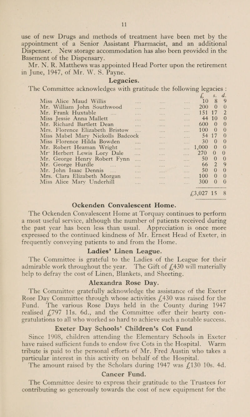 use of new Drugs and methods of treatment have been met by the appointment of a Senior Assistant Pharmacist, and an additional Dispenser. New storage accommodation has also been provided in the Basement of the Dispensary. Mr. N. R. Matthews was appointed Head Porter upon the retirement in June, 1947, of Mr. W. S. Payne. Legacies. The Committee acknowledges with gratitude the following legacies : Miss Alice Maud Willis Mr. William John Southwood Mr. Frank Huxtable Miss Jessie Anna Mallett Mr. Richard Bartlett Dean Mrs. Florence Elizabeth Bristow Miss Mabel Mary Nickolls Badcock Miss Florence Hilda Bowden Mr. Robert Heaman Wright Mr’ Herbert Lewis Lory Dale Mr. George Henry Robert Fynn .. Mr. George Hurdle Mr. John Isaac Dennis Mrs. Clara Elizabeth Morgan Miss Alice Mary Underhill C s. d. 10 8 9 200 0 0 151 17 2 44 10 0 600 0 0 100 0 0 54 17 0 30 0 0 1,000 0 0 270 0 0 50 0 0 66 2 9 50 0 0 100 0 0 300 0 0 £3,027 15 8 Ockenden Convalescent Home. The Ockenden Convalescent Home at Torquay continues to perform a most useful service, although the number of patients received during the past year has been less than usual. Appreciation is once more expressed to the continued kindness of Mr. Ernest Head of Exeter, in frequently conveying patients to and from the Home. Ladies’ Linen League. The Committee is grateful to the Ladies of the League for their admirable work throughout the year. The Gift of £430 will materially help to defray the cost of Linen, Blankets, and Sheeting. Alexandra Rose Day. The Committee gratefully acknowledge the assistance of the Exeter Rose Day Committee through whose activities £430 was raised for the Fund. The various Rose Days held in the County during 1947 realised £797 11s. 6d., and the Committee offer their hearty con¬ gratulations to all who worked so hard to achieve such a notable success. Exeter Day Schools’ Children’s Cot Fund Since 1908, children attending the Elementary Schools in Exeter have raised sufficient funds to endow five Cots in the Hospital. Warm tribute is paid to the personal efforts of Mr. Fred Austin who takes a particular interest in this activity on behalf of the Hospital. The amount raised by the Scholars during 1947 was £130 10s. 4d. Cancer Fund. The Committee desire to express their gratitude to the Trustees for contributing so generously towards the cost of new equipment for the