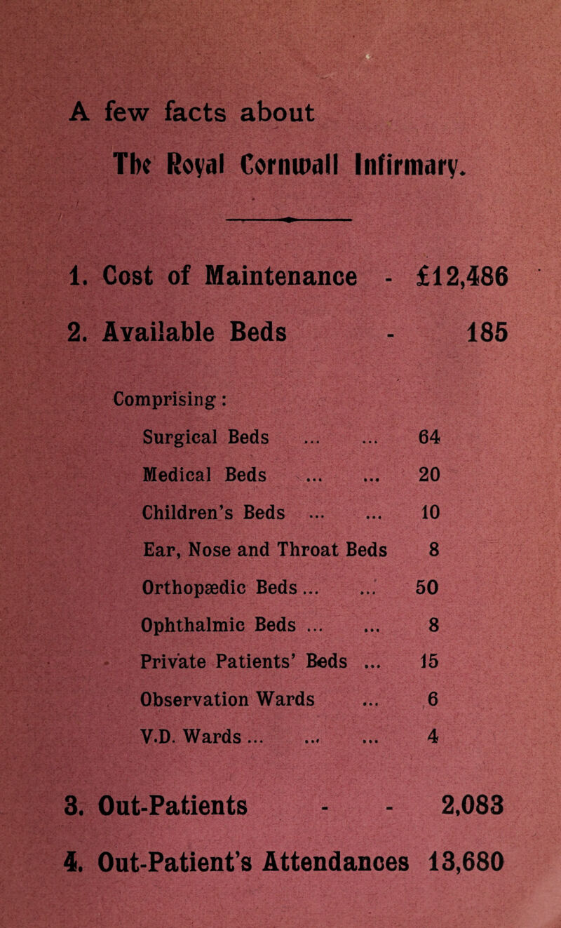 A few facts about The Royal Cornwall Infirmary 1. Cost of Maintenance - £12,486 2. Available Beds - 185 Comprising: Surgical Beds . 64 Medical Beds . 20 Children’s Beds . 10 Ear, Nose and Throat Beds 8 Orthopaedic Beds., 50 Ophthalmic Beds. 8 Private Patients’ Beds ... 15 Observation Wards ... 6 V.D. Wards. 4 3. Out-Patients - - 2,083