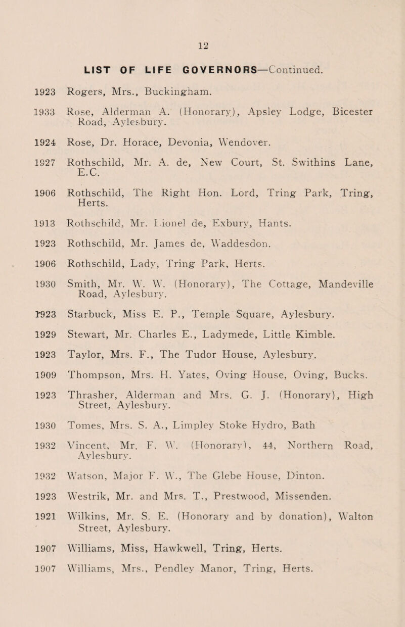 LIST OF LIFE G 0 V E R N 0 RS—Continued. 1923 Rogers, Mrs., Buckingham. 1933 Rose, Alderman A. (Honorary), Apsley Lodge, Bicester Road, Aylesbury. 1924 Rose, Dr. Horace, Devonia, Wendover. 1927 Rothschild, Mr. A. de, New Court, St. Swithins Lane, E.C. 1906 Rothschild, The Right Hon. Lord, Tring' Park, Tring, Herts. 1913 Rothschild. Mr. Lionel de, Exburv, Hants. 1923 Rothschild, Mr. James de, Waddesdon. 1906 Rothschild, Lady, Tring Park, Herts. 1930 Smith, Mr. W. \Y. (Honorary), The Cottage, Mandeville Road, Aylesbury. 1'923 Starbuck, Miss E. P., Temple Square, Aylesbury. 1929 Stewart, Mr. Charles E., Ladymede, Little Kimble. 1923 Taylor, Mrs. F., The Tudor House, Aylesbury. 1909 Thompson, Mrs. H. Yates, Oving House, Oving, Bucks. 1923 Thrasher, Alderman and Mrs. G. J. (Honorary), High Street, Aylesbury. 1930 Tomes, Mrs. S. A., Limpley Stoke Hydro, Bath 1932 Vincent, Mr. F. \Y. (Honorary), 44, Northern Road, Aylesbury. 1932 Watson, Major F. \Y., The Glebe House, Dinton. 1923 Westrik, Mr. and Mrs. T., Prestwood, Missenden. 1921 Wilkins, Mr. S. E. (Honorary and by donation), Walton Street, Aylesbury. 1907 Williams, Miss, Hawkwell, Tring, Herts. 1907 Williams, Mrs., Pendlev Manor, Tring, Herts.