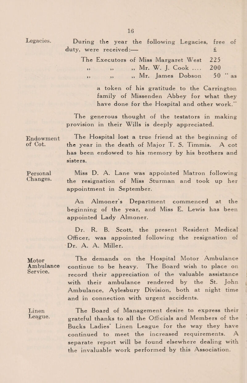 Legacies. Endowment of Cot. Personal Changes. Motor Ambulance Service. Linen League. During the year the following Legacies, duty, were received:- free of £ The Executors of Miss Margaret West 225 ,, ,, ,, Mr. W. J. Cook 200 ,, ,, ,, Mr. James Dobson 50 “ as a token of his gratitude to the Carrington family of Missenden Abbey for what they have done for the Hospital and other work.' The generous thought of the testators in making provision in th eir Wills is deeply appreciated. 1 he Hospital lost a true friend at the beginning of the year in the death of Major T. S. Timmis. A cot has been endowed to his memory by his brothers and sisters. Miss D. A. Lane was appointed Matron following the resignation of Miss Sturman and took up her appointment in September. An Almoner’s Department commenced at the beginning of the year, and Miss E. Lewis has been appointed Lady Almoner. Dr. R. B. Scott, the present Resident Medical Officer, was appointed following the resignation of Dr. A. A. Miller. The demands on the Hospital Motor Ambulance continue to be heavy. The Board wish to place on record their appreciation of the valuable assistance with their ambulance rendered by the St. John Ambulance, Aylesbury Division, both at night time and in connection with urgent accidents. The Board of Management desire to express their grateful thanks to all the Officials and Members of the Bucks Ladies’ Linen League for the way they have continued to meet the increased requirements. A separate report will be found elsewhere dealing with the invaluable work performed by this Association.