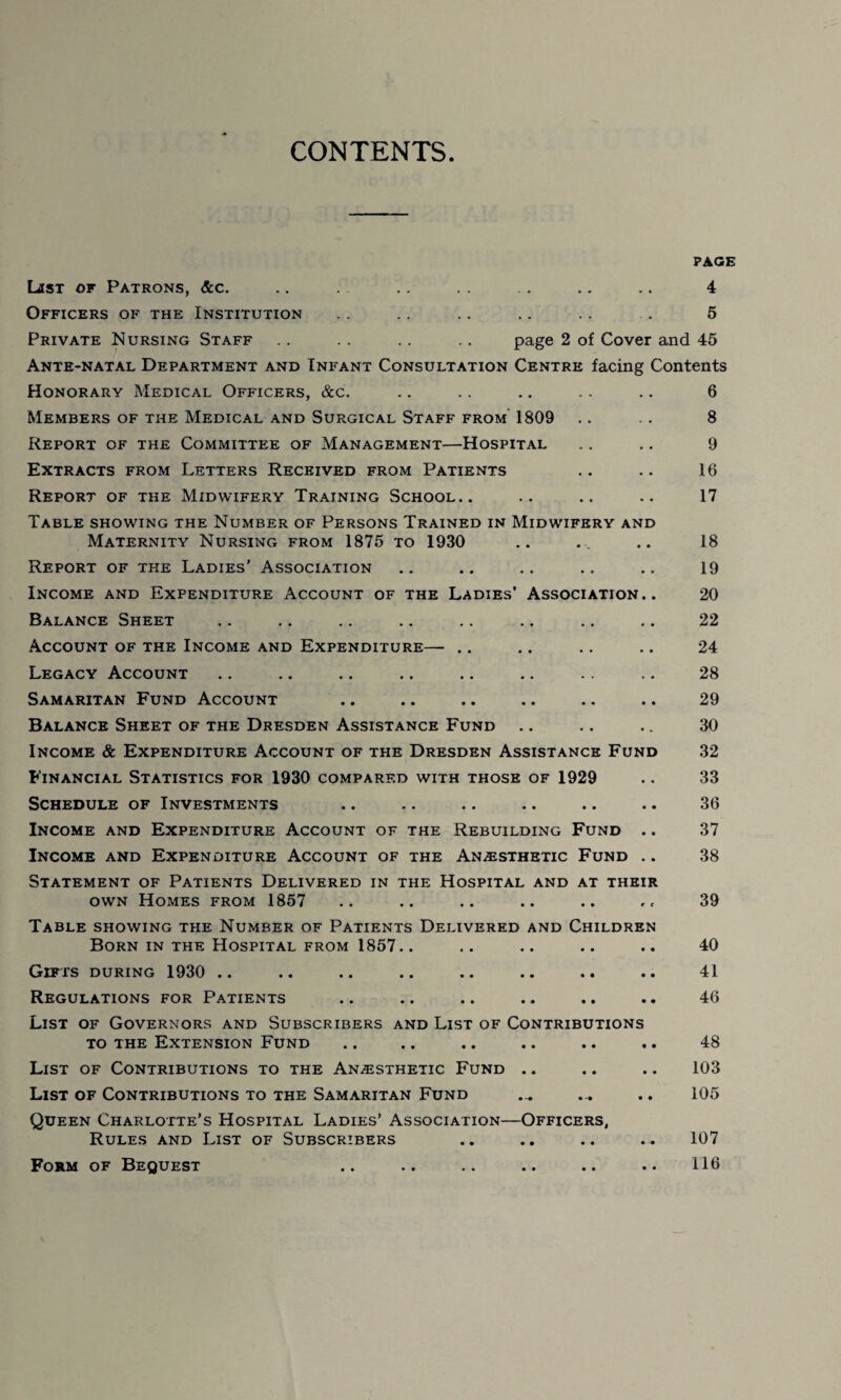 CONTENTS List of Patrons, &c. Officers of the Institution Private Nursing Staff page . 4 . 5 page 2 of Cover and 45 Ante-natal Department and Infant Consultation Centre facing Contents Honorary Medical Officers, &c. Members of the Medical and Surgical Staff from 1809 Report of the Committee of Management—Hospital Extracts from Letters Received from Patients Report of the Midwifery Training School.. Table showing the Number of Persons Trained in Midwifery and Maternity Nursing from 1875 to 1930 Report of the Ladies’ Association Income and Expenditure Account of the Ladies’ Association. Balance Sheet Account of the Income and Expenditure— Legacy Account Samaritan Fund Account Balance Sheet of the Dresden Assistance Fund Income & Expenditure Account of the Dresden Assistance Fund Financial Statistics for 1930 compared with those of 1929 Schedule of Investments Income and Expenditure Account of the Rebuilding Fund Income and Expenditure Account of the Anaesthetic Fund Statement of Patients Delivered in the Hospital and at their own Homes from 1857 Table showing the Number of Patients Delivered and Childre Born in the Hospital from 1857.. Gifts during 1930 .. Regulations for Patients List of Governors and Subscribers and List of Contributions to the Extension Fund List of Contributions to the Anaesthetic Fund .. List of Contributions to the Samaritan Fund Queen Charlotte’s Hospital Ladies’ Association—Officers, Rules and List of Subscribers Form of Bequest 6 8 9 16 17 18 19 20 22 24 28 29 30 32 33 36 37 38 39 40 41 46 48 103 105 107 116