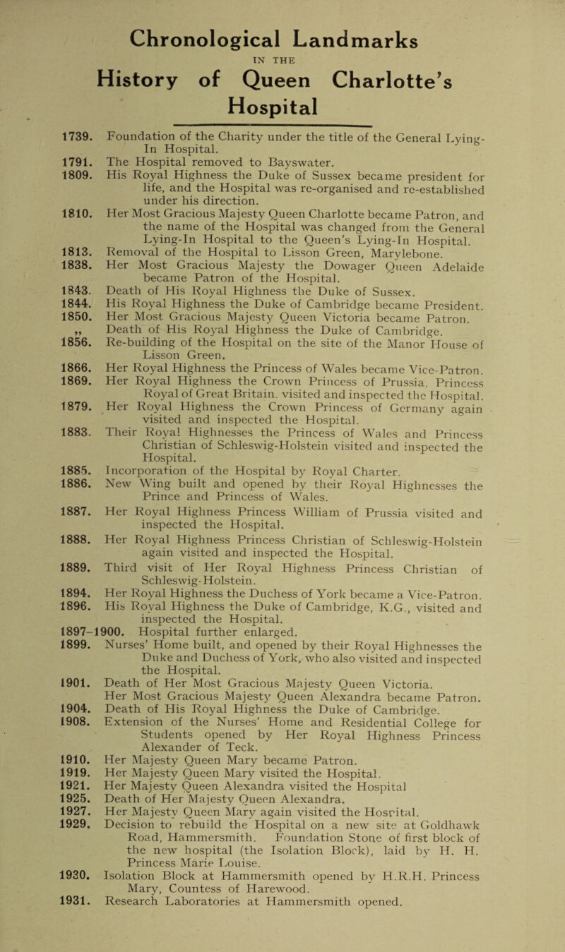 Chronological Landmarks TN THE History of Queen Charlotte’s Hospital 1739. Foundation of the Charity under the title of the General Lying- In Hospital. 1791. The Hospital removed to Bayswater. 1809. His Royal Highness the Duke of Sussex became president for life, and the Hospital was re-organised and re-established under his direction. 1810. Her Most Gracious Majesty Queen Charlotte became Patron, and the name of the Hospital was changed from the General Lying-In Hospital to the Queen’s Lying-In Hospital. 1813. Removal of the Hospital to Lisson Green, Marylebone. 1838. Her Most Gracious Majesty the Dowager Queen Adelaide became Patron of the Hospital. 1843. Death of His Royal Highness the Duke of Sussex. 1844. His Royal Highness the Duke of Cambridge became President. 1850. Her Most Gracious Majesty Queen Victoria became Patron. „ Death of His Royal Highness the Duke of Cambridge. 1856. Re-building of the Hospital on the site of the Manor House of Lisson Green. 1866. Her Royal Highness the Princess of Wales became Vice-Patron. 1869. Her Royal Highness the Crown Princess of Prussia, Princess Royal of Great Britain visited and inspected the Hospital. 1879. Her Royal Highness the Crown Princess of Germany again visited and inspected the Hospital. 1883. Their Royal Highnesses the Princess of Wales and Princess Christian of Schleswig-Holstein visited and inspected the Hospital. 1885. Incorporation of the Hospital by Royal Charter. 1886. New Wing built and opened by their Royal Highnesses the Prince and Princess of Wales. 1887. Her Royal Highness Princess William of Prussia visited and inspected the Hospital. 1888. Her Royal Highness Princess Christian of Schleswig-Holstein again visited and inspected the Hospital. 1889. Third visit of Her Royal Highness Princess Christian of Schleswig-Holstein. 1894. Her Royal Highness the Duchess of York became a Vice-Patron. 1896. His Royal Highness the Duke of Cambridge, K.G., visited and inspected the Hospital. 1897-1900. Hospital further enlarged. 1899. Nurses’ Home built, and opened by their Royal Highnesses the Duke and Duchess of York, who also visited and inspected the Hospital. 1901. Death of Her Most Gracious Majesty Queen Victoria. Her Most Gracious Majesty Queen Alexandra became Patron. 1904. Death of His Royal Highness the Duke of Cambridge. 1908. Extension of the Nurses’ Home and Residential College for Students opened by Her Royal Highness Princess Alexander of Teck. 1910. Her Majesty Queen Mary became Patron. 1919. Her Majesty Queen Mary visited the Hospital. 1921. Her Majesty Queen Alexandra visited the Hospital 1925. Death of Her Majesty Queen Alexandra. 1927. Her Majesty Queen Mary again visited the Hospital. 1929. Decision to rebuild the Hospital on a new site at Goldhawk Road, Hammersmith. Foundation Stone of first block of the new hospital (the Isolation Block), laid by H. H. Princess Marie Louise. 1930. Isolation Block at Hammersmith opened by H.R.H. Princess Mary, Countess of Harewood. 1931. Research Laboratories at Hammersmith opened.