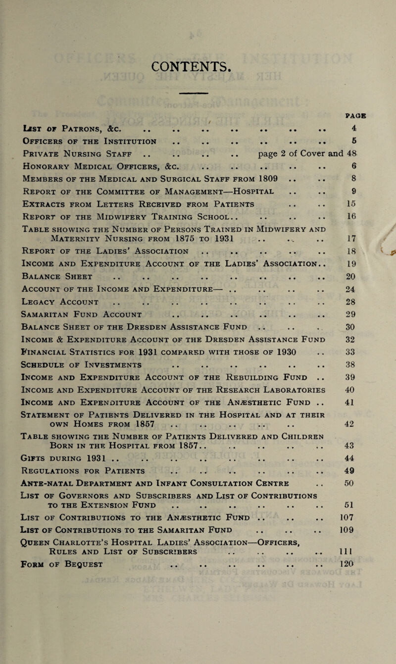 CONTENTS. page 2 of Cover Last of Patrons, &c. Officers of the Institution Private Nursing Staff Honorary Medical Officers, &c. Members of the Medical and Surgical Staff from 1809 Report of the Committee of Management—Hospital Extracts from Letters Received from Patients Report of the Midwifery Training School.. Table showing the Number of Persons Trained in Midwifery and Maternity Nursing from 1875 to 1931 Report of the Ladies’ Association Income and Expenditure Account of the Ladies’ Association.. Balance Sheet .. .. .. .. .. .. .. .. Account of the Income and Expenditure— Legacy Account Samaritan Fund Account Balance Sheet of the Dresden Assistance Fund Income & Expenditure Account of the Dresden Assistance Fund Financial Statistics for 1931 compared with those of 1930 Schedule of Investments Income and Expenditure Account of the Rebuilding Fund .. Income and Expenditure Account of the Research Laboratories Income and Expenditure Account of the Anesthetic Fund .. Statement of Patients Delivered in the Hospital and at their own Homes from 1857 Table showing the Number of Patients Delivered and Children Born in the Hospital from 1857.. Gifts during 1931 .. Regulations for Patients Ante-natal Department and Infant Consultation Centre List of Governors and Subscribers and List of Contributions to the Extension Fund List of Contributions to the Anaesthetic Fund .. List of Contributions to the Samaritan Fund Queen Charlotte’s Hospital Ladies’ Association—Officers, Rules and List of Subscribers Form of Bequest page 4 5 and 48 6 8 9 15 16 17 18 19 20 24 28 29 30 32 33 38 39 40 41 42 43 44 49 50 51 107 109 111 120 • •