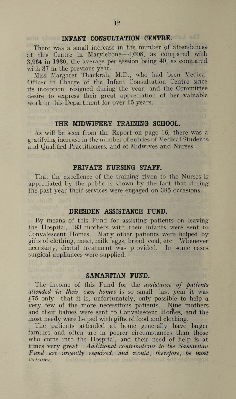 INFANT CONSULTATION CENTRE. There was a small increase in the number pf attendances at this Centre in Marylebone—4,008, as compared with 3,964 in 1930, the average per session being 40, as compared with 37 in the previous year. Miss Margaret Thackrah, M.D., who had been Medical Officer in Charge of the Infant Consultation Centre since its inception, resigned during the year, and the Committee desire to express their great appreciation of her valuable work in this Department for over 15 years. THE MIDWIFERY TRAINING SCHOOL. As will be seen from the Report on page 16, there was a gratifying increase in the number of entries of Medical Students^ and Qualified Practitioners, and of Midwives and Nurses. PRIVATE NURSING STAFF. That the excellence of the training given to the Nurses is appreciated by the public is shown by the fact that during the past year their services were engaged on 385 occasions. DRESDEN ASSISTANCE FUND. By means of this Fund for assisting patients on leaving the Hospital, 183 mothers with their infants were sent to Convalescent Homes. Many other patients were helped by gifts of clothing, meat, milk, eggs, bread, coal, etc. Whenever necessary, dental treatment was provided. In some cases surgical appliances were supplied. SAMARITAN FUND. The income of this Fund for the assistance of patients attended in their own homes is so small—last year it was £75 only—that it is, unfortunately, only possible to help a very few of the more necessitous patients. Nine mothers and their babies were sent to Convalescent Homes, and the most needy were helped with gifts of food and clothing. The patients attended at home generally have larger families and often are in poorer circumstances than those who come into the Hospital, and their need of help is at times very great. Additional contributions to the Samaritan Fund are urgently required, and would, therefore, be most welcome.