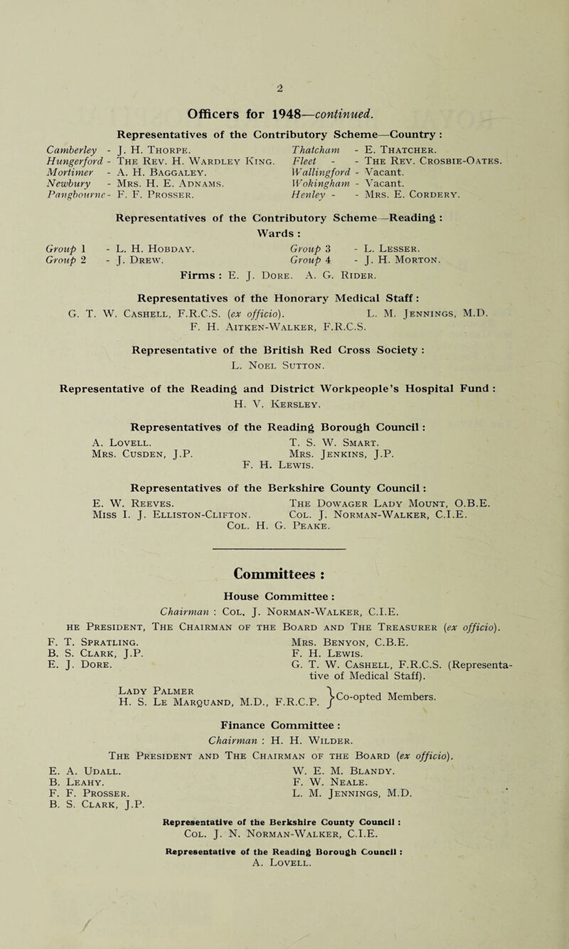 Officers for 1948—continued. Representatives of the Contributory Scheme—Country : Camberley - J. H. Thorpe. Thatcham - E. Thatcher. Hungerford - The Rev. H. Wardley King. Fleet - - The Rev. Crosbie-Oates. Mortimer - A. H. Baggaley. Wallingford - Vacant. Newbury - Mrs. H. E. Adnams. Wokingham - Vacant. Pangbourne- F. F. Prosser. Henley - - Mrs. E. Cordery. Representatives of the Contributory Scheme—Reading : Wards : Group 1 - L. H. Hobday. Group 3 - L. Lesser. Group 2 - J. Drew. Group 4 - J. H. Morton. Firms : E. J. Dore. A. G. Rider. Representatives of the Honorary Medical Staff: G. T. W. Cashell, F.R.C.S. (ex officio). L. M. Jennings, M.D. F. H. Aitken-Walker, F.R.C.S. Representative of the British Red Cross Society : L. Noel Sutton. Representative of the Reading and District Workpeople’s Hospital Fund : H. V. Kersley. Representatives of the Reading Borough Council: A. Lovell. T. S. W. Smart. Mrs. Cusden, J.P. Mrs. Jenkins, J.P. F. H. Lewis. Representatives of the Berkshire County Council: E. W. Reeves. The Dowager Lady Mount, O.B.E. Miss I. J. Elliston-Clifton. Col. J. Norman-Walker, C.I.E. Col. H. G. Peake. Committees : House Committee : Chairman : Col. J. Norman-Walker, C.I.E. he President, The Chairman of the Board and The Treasurer (ex officio). F. T. Spratling. Mrs. Benyon, C.B.E. B. S. Clark, J.P. F. H. Lewis. E. J. Dore. G. T. W. Cashell, F.R.C.S. (Representa¬ tive of Medical Staff). Lady Palmer d ~ M , H. S. Le Marquand, M.D., F.R.C.P. Members. Finance Committee : Chairman : H. H. Wilder. The President and The Chairman of the Board (ex officio). E. A. Udall. W. E. M. Blandy. B. Leahy. F. W. Neale. F. F. Prosser. L. M. Jennings, M.D. B. S. Clark, J.P. Representative of the Berkshire County Council : Col. J. N. Norman-Walker, C.I.E. Representative of the Reading Borough Council : A. Lovell.