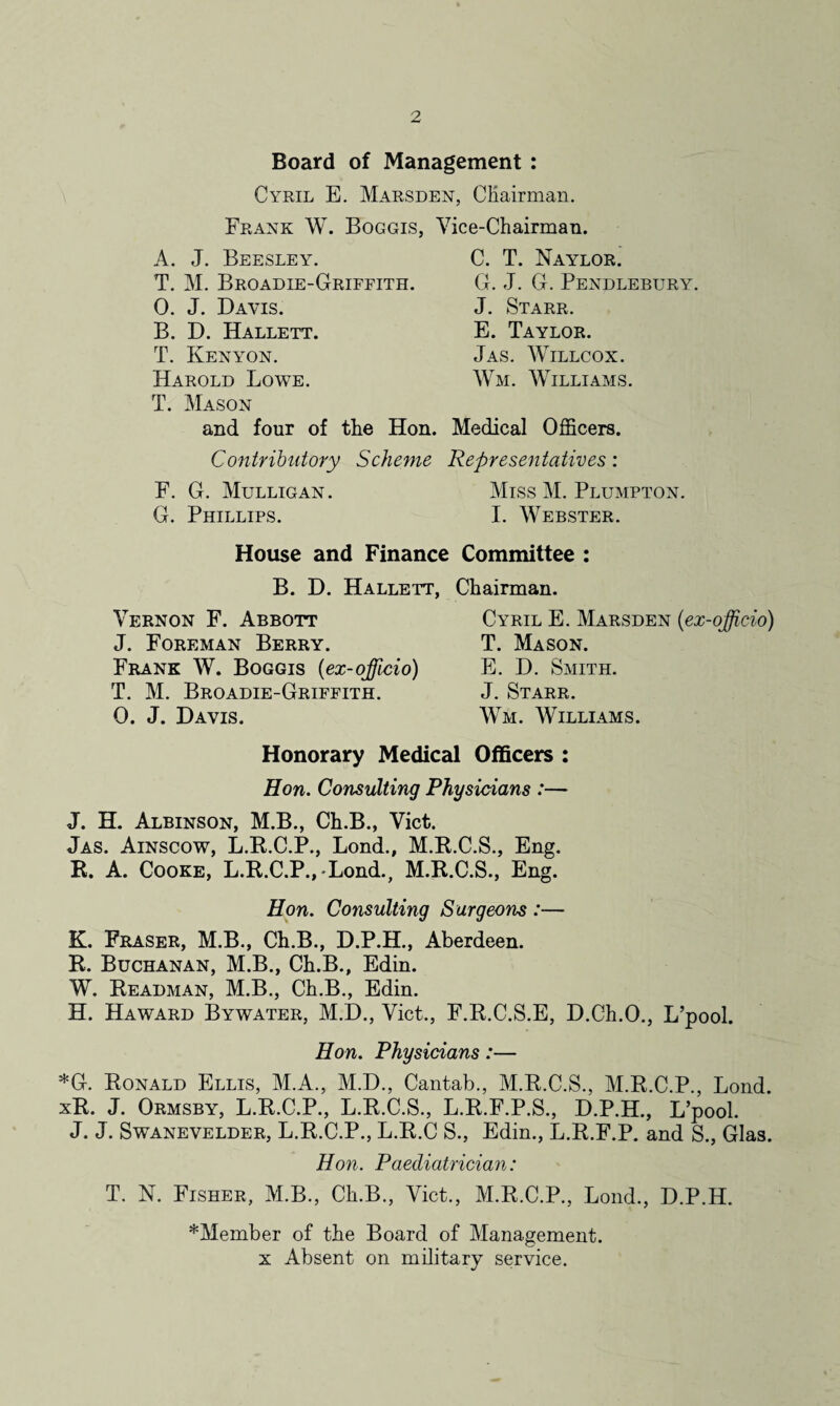 Board of Management : Cyril E. Marsden, Chairman. Frank W. Boggis. Vice-Chairman. A. J. Beesley. T. M. Broadie-Griffith. 0. J. Davis. B. D. Hallett. T. Kenyon. Harold Lowe. T. Mason and four of the Hon. Contributory Scheme F. G. Mulligan. G. Phillips. C. T. Naylor. G. J. G. Pendlebury. J. Starr. E. Taylor. Jas. Willcox. Wm. Williams. Medical Officers. Representatives: Miss M. Plumpton. I. Webster. House and Finance Committee : B. D. Hallett, Chairman. Vernon F. Abbott Cyril E. Marsden (ex-officio) J. Foreman Berry. T. Mason. Frank W. Boggis (ex-officio) E. D. Smith. T. M. Broadie-Griffith. J. Starr. 0. J. Davis. Wm. Williams. Honorary Medical Officers : Eon. Consulting Physicians :— J. H. Albinson, M.B., Ch.B., Viet. Jas. Ainscow, L.R.C.P., Lond., M.R.C.S., Eng. R. A. Cooke, L.R.C.P.,Lond., M.R.C.S., Eng. Hon. Consulting Surgeons :— K. Fraser, M.B., Ch.B., D.P.H., Aberdeen. R. Buchanan, M.B., Ch.B., Edin. W. Readman, M.B., Ch.B., Edin. H. Ha ward Bywater, M.D., Viet., F.R.C.S.E, D.Ch.O., L’pool. Hon. Physicians:— *G. Ronald Ellis, M.A., M.D., Cantab., M.R.C.S., M.R.C.P., Lond. xR. J. Ormsby, L.R.C.P., L.R.C.S., L.R.F.P.S., D.P.H., L’pool. J. J. Swanevelder, L.R.C.P., L.R.C S., Edin., L.R.F.P. and S., Glas. Hon. Paediatrician: T. N. Fisher, M.B., Ch.B., Viet., M.R.C.P., Lond., D.P.H. ^Member of the Board of Management, x Absent on military service.