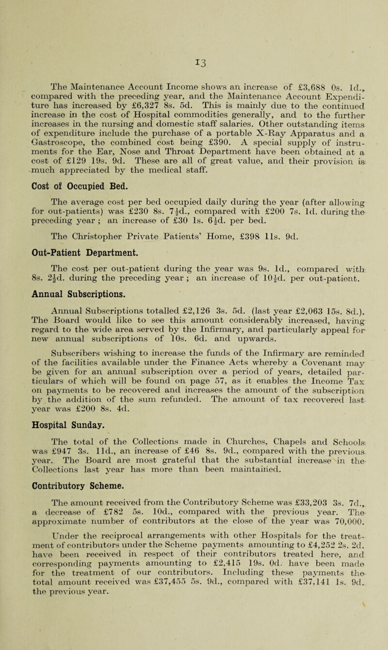 *3 The Maintenance Account Income shows an increase of £3,688 Os. Id., compared with the preceding year, and the Maintenance Account Expendi¬ ture has increased by £6,327 8s. 5d. This is mainly due to the continued increase in the cost of Hospital commodities generally, and to the further increases in the nursing and domestic staff salaries. Other outstanding items of expenditure include the purchase of a portable X-Ray Apparatus and a Gastroscope, the combined cost being £390. x4 special supply of instru¬ ments for the Ear, Nose and Throat Department have been obtained at a cost of £129 19s. 9d. These are all of great value, and their provision is much appreciated by the medical staff. Cost of Occupied Bed. The average cost per bed occupied daily during the year (after allowing for out-patients) was £230 8s. 7|d., compared with £200 7s. Id. during the preceding year ; an increase of £30 Is. 6^d. per bed. The Christopher Private Patients’ Home, £398 11s. 9d. Out-Patient Department. The cost per out-patient during the year was 9s. Id., compared with 8s. 2Icl. during the preceding year ; an increase of lOJd. per out-patient. Annual Subscriptions. Annual Subscriptions totalled £2,126 3s. 5d. (last year £2,063 15s. 8d.). The Board would like to see this amount considerably increased, having regard to the wide area served by the Infirmary, and particularly appeal for new annual subscriptions of 10s. 6d. and upwards. Subscribers wishing to increase the funds of the Infirmary are reminded of the facilities available under the Finance Acts whereby a Covenant may be given for an annual subscription over a period of years, detailed par¬ ticulars of which will be found on page 57, as it enables the Income Tax on payments to be recovered and increases the amount of the subscription by the addition of the sum refunded. The amount of tax recovered last year was £200 8s. 4d. Hospital Sunday. V The total of the Collections made in Churches, Chapels and Schools, was £947 3s. lid., an increase of £46 8s. 9d., compared with the previous year. The Board are most grateful that the substantial increase in the- Collections last year has more than been maintained. Contributory Scheme. The amount received from the Contributory Scheme was £33,203 3s. 7d., a decrease of £782 5s. 10d., compared with the previous year. The approximate number of contributors at the close of the year was 70,000. Under the reciprocal arrangements with other Hospitals for the treat¬ ment of contributors under the Scheme payments amounting to £4,252 2s. 2d. have been received in respect of their contributors treated here, and corresponding payments amounting to £2,415 19s. Od. have been made for the treatment of our contributors. Including these payments the total amount received was £37,455 5s. 9d., compared with £37.141 Is. 9d. the previous year.