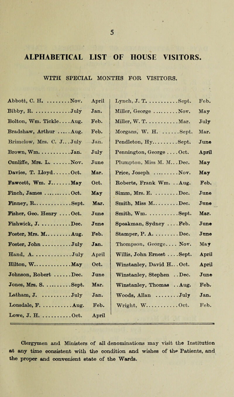ALPHABETICAL LIST OF HOUSE VISITORS. WITH SPECIAL MONTHS FOR VISITORS. Abbott, C. H. . .Nov. April Lynch, J. T. Feb. Bibby, R. Jan. Miller, George. .Nov. May Bolton, Wm, Tickle.. . .Aug. Feb. Miller, W. T. July Bradshaw, Arthur .. Feb. Morgans, W. H. . Sept. Mar. Brimelow, Mrs. C. J. . . July Jan. Pendleton, Hy. . Sept. June Brown, Wm. July Pennington, George . .. . Oct. April Ounliffe, Mrs. L. . . Nov. June Plumpton, Miss M. M.. . Dec. May Davies, T. Lloyd. .. . Mar. Price, Joseph . May Fawcett, Wm. J. Oct. Roberts, Frank Wm. . • Aug. Feb, Finch, James. May Simm, Mrs. E. . Dec. June Finney, R. Mar. Smith, Miss M. June Fisher, Geo. Henry . . .. Oct. June Smith, Wm. Mar. Fishwick, J. June Speakman, Sydney . .. .Feb. June Foster, Mrs. M. Feb. Stamper, P. A. June Foster, John. Jan. Thompson, George. . . . Nov. May Hand, A. April Willis, John Ernest . .. . Sept. April Hilton, W. Oct. Winstanley, David H.. . Oct. April Johnson, Robert .... June Winstanley, Stephen . . Dec. June Jones, Mrs. S. Mar. Winstanley, Thomas . • Aug. Feb. Latham, J. Jan. Woods, Allan . Jan. Lonsdale, F. Lowe, J. H. Feb. April Wright, W. Feb. Clergymen and Ministers of all denominations may visit the Institution at any time consistent with the condition and wishes of the Patients, and the proper and convenient state of the Wards.