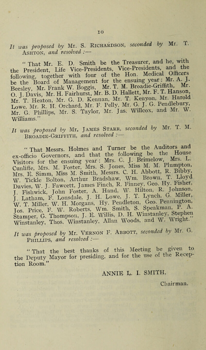 It was proposed by Mr. S. Richardson, seconded by Mr. T. Ashton, and resolved :— “ That Mr E. D. Smith be the Treasurer, and he with the President, Life Vice-Presidents, Vice-Presidents and the following, together with four of the Hon. Medical Officers be the Board of Management for the ensumg year .Mr. A. J. Rpp<dev Mr Frank W. Boggis, Mr. T. M. Broadie-Grimth, Mr. O. j. Davis, Mr. H. Fairhursf, Mr. B. D. Hallett, Mr. F T Hanson Mr. T. Heaton, Mr. G. D. Kennan, Mr. T. Kenyon, Mr. Harold Lowe, Mr. R. H. Orchard, Mr. F. Pelly, Mr. G. J. G. Pendlebury, Mr. G. Phillips, Mr. S. Taylor, Mr. Jas. Willcox, and Mr. W. Williams.” It was proposed by Mr. James Starr, seconded by Mr. T. M. Broadie-Griffith, and resolved  That Messrs. Holmes and Turner be the Auditors and ex-officio Governors, and that the following be the House Visitors for the ensuing year: Mrs. G. J. Bnmelow, Mrs. L. Cunliffe, Mrs. M. Foster, Mrs. S. Jones, Miss M. M. Plumpton, Mrs. E. Simm, Miss M. Smith, Messrs. C. H. Abbott, R. Binby, W. Tickle Bolton, Arthur Bradshaw, Wm. Brown, T. Lloyd Davies W. J. Fawcett, James I'inch, R. Finney, Geo. Hy. hishe , J. Fishwick, John Foster, A. Hand, W. Hilton, R- Johnson, J. Latham, F. Lonsdale, J. H. Lowe, J. 1. Lynch, G. Miller, W. T. Miller, W. H. Morgans, Hy. Pendleton, Geo. Pennington, Jos Price, F. W. Roberts, Wm. Smith, S. Speakman, P. A. Stamper, G. Thompson, J. E. Willis, D H. Winstai Winstanley, Thos. Winstanley, Allan Woods, and W. Wright. It was proposed by Mr. Vernon F. Abbott, seconded by Mr. G. Phierips, arid resolved :— “ That the best thanks of this Meeting be given to the Deputy Mayor for presiding, and for the use of the Recep¬ tion Room.” ANNIE L. I. SMITH, Chairman.