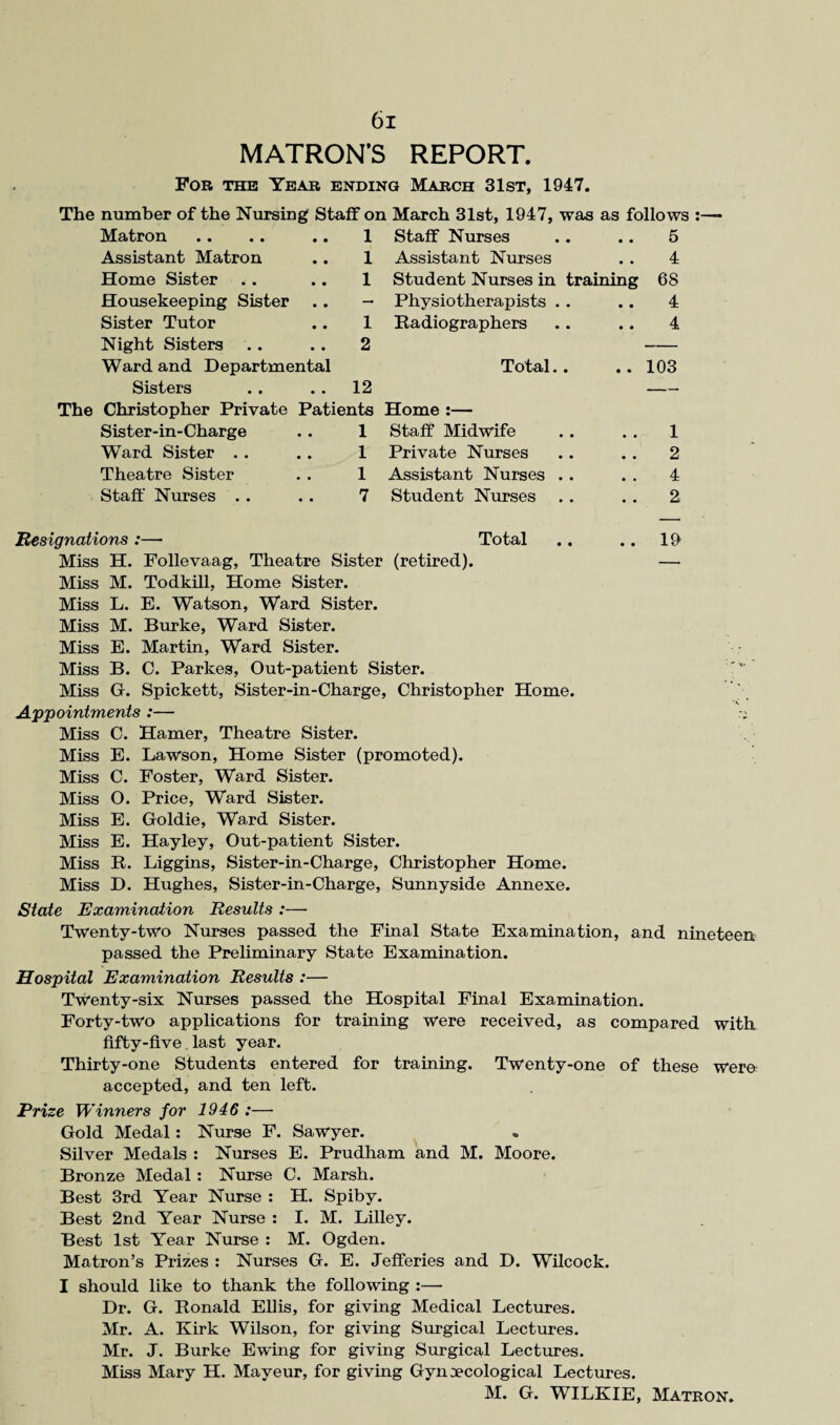 MATRON’S REPORT. Fob the Year ending March 31st, 1947. The number of the Nursing Staff on March 31st, 1947, was as follows Matron .. .. .. 1 Assistant Matron . . 1 Home Sister .. .. 1 Housekeeping Sister .. - Sister Tutor .. 1 Night Sisters . . .. 2 Ward and Departmental Sisters . . . . 12 The Christopher Private Patients Sister-in-Charge . . 1 Ward Sister . . .. 1 Theatre Sister . . 1 Staff Nurses . . .. 7 Staff Nurses .. .. 5 Assistant Nurses . . 4 Student Nurses in training 68 Physiotherapists . . .. 4 Radiographers .. .. 4 Total.. .. 103 Home :— Staff Midwife .. . . 1 Private Nurses .. .. 2 Assistant Nurses . . . . 4 Student Nurses .. .. 2 Resignations:— Total .. .. 19 Miss H. Follevaag, Theatre Sister (retired). — Miss M. Todkill, Home Sister. Miss L. E. Watson, Ward Sister. Miss M. Burke, Ward Sister. Miss E. Martin, Ward Sister. Miss B. C. Parkes, Out-patient Sister. Miss G. Spickett, Sister-in-Charge, Christopher Home. Appointments :— Miss C. Hamer, Theatre Sister. Miss E. Lawson, Home Sister (promoted). Miss C. Foster, Ward Sister. Miss O. Price, Ward Sister. Miss E. Goldie, Ward Sister. Miss E. Hayley, Out-patient Sister. Miss R. Liggins, Sister-in-Charge, Christopher Home. Miss D. Hughes, Sister-in-Charge, Sunnyside Annexe. State Examination Results :— Twenty-two Nurses passed the Final State Examination, and nineteen passed the Preliminary State Examination. Hospital Examination Results :— Twenty-six Nurses passed the Hospital Final Examination. Forty-two applications for training were received, as compared with fifty-five last year. Thirty-one Students entered for training. Twenty-one of these were accepted, and ten left. Prize Winners for 1946 :—• Gold Medal: Nurse F. Sawyer. Silver Medals : Nurses E. Prudham and M. Moore. Bronze Medal: Nurse C. Marsh. Best 3rd Year Nurse : H. Spiby. Best 2nd Year Nurse : I. M. Lilley. Best 1st Year Nurse : M. Ogden. Matron’s Prizes : Nurses G. E. Jefferies and D. Wilcock. I should like to thank the following :— Dr. G. Ronald Ellis, for giving Medical Lectures. Mr. A. Kirk Wilson, for giving Surgical Lectures. Mr. J. Burke Ewing for giving Surgical Lectures. Miss Mary H. Mayeur, for giving Gynaecological Lectures. M. G. WILKIE, Matron.