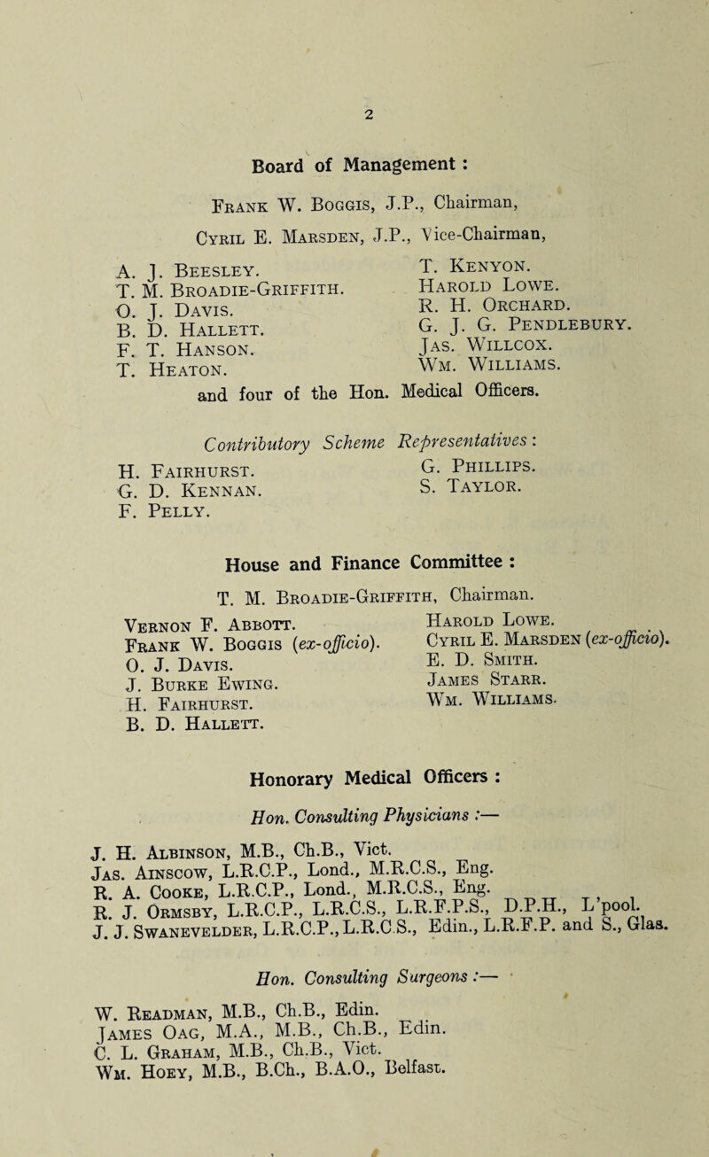 Board of Management: Frank W. Boggis, J.P., Chairman, Cyril E. Marsden, J.P., Vice-Chairman, A. J. Beesley. T. Kenyon. T M. Broadie-Griffith. Harold Lowe. O. T. Davis. R. H. Orchard. B. D. Hallett. G. J. G. Pendlebury. F. T. Hanson. Jas* Willcox. T. Heaton. Wm. Williams. and four of the Hon. Medical Officers. Contributory Scheme Representatives: H. Fairhurst. G. Phillips. G. D. Kennan. S. Taylor. F. Pelly. House and Finance Committee : T M. Broadie-Griffith, Chairman. Vernon F. Abbott. Frank W. Boggis (ex-officio). O. J. Davis. J. Burke Ewing. H. Fairhurst. B. D. Hallett. Harold Lowe. Cyril E. Marsden (ex-officio). E. D. Smith. James Starr. Wm. Williams. Honorary Medical Officers : Hon. Consulting Physicians :— J. H. Albinson, M.B., Ch.B., Viet. Jas. Ainscow, L.R.C.P., Lond., M.R.C.S., Eng. R. A. Cooke, L.R.C.P., Lond., M.R.C.S., Eng. R. J. Ormsby, L.R.C.P., L.R.C.S., P.KFP.S D.P.H., L pool. J. J. Swanevelder, L.R.C.P., L.R.C.S., Edm., L.R.F.P. and S„ Glas. Hon. Consulting Surgeons :— W. Readman, M.B., Ch.B., Edin. James Oag, M.A., M.B., Ch.B., Edin. C. L. Graham, M.B., Ch.B., Viet. Wm. Hoey, M.B., B.Ch., B.A.O., Belfast.