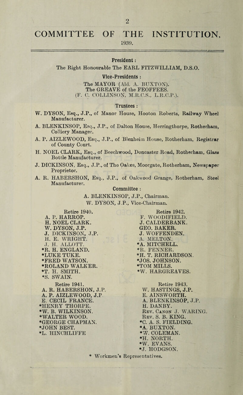 9 COMMITTEE OF THE INSTITUTION, 1939. President: The Right Honourable The EARL FITZWILLIAM, D.S.O. Vice-Presidents : The MAYOR (Aid. A. BUXTON). The GREAVE of the FEOFFEES. (F. C. COLLINSON, M.R.C.S., L.R.C.P.). j Trustees: W. DYSON, Esq., J.P., of Manor House, Hooton Roberts, Railway Wheel Manufacturer. A. BLENKINSOP, Esq., J.P., of Dalton House, Herringthorpe, Rotherham, Colliery Manager. A. P. AIZLEWOOD, Esq., J.P., of Blenheim House, Rotherham, Registrar of County Court. H. NOEL CLARK, Esq., of Beechwood, Doncaster Road, Rotherham, Glass Bottle Manufacturer. J. DICKINSON, Esq., J.P., of The Oakes, Moorgate, Rotherham, Newspaper Proprietor. A. R. HABERSHON, Esq., J.P., of Oakwood Grange, Rotherham, Steel Manufacturer. Committee : A. BLENKINSOP, J.P., Chairman. W. DYSON, J.P., Vice-Chairman. Retire 1940. A. P. HARROP. H. NOEL CLARK. W. DYSON, J.P. J. DICKINSON, J.P. H. E. WRIGHT. J. H. ALLOTT. *R. H. ENGLAND. ♦LUKE TUKE. ♦FRED WATSON. ♦ROLAND WALKER. ♦T. H. SMITH. *S. SWAIN. Retire 1941. A. R. HABERSHON, J.P. A. P. AIZLEWOOD, J.P E. CECIL FRANCE. ♦HENRY THORPE. *W. B. WILKINSON. ♦WALTER WOOD. ♦GEORGE CHAPMAN. ♦JOHN BEST. ♦L. HINCHLIFFE Retire 1942. F. WOODIFIELD. J. CALDERBANK. GEO. BAKER. J. WOFFENDEN. A. MELTON. ♦A. MITCHELL. *R. FENNER. *H. T. RICHARDSON. ♦JOS. JOHNSON. ♦TOM MILLS. ♦W. HARGREAVES. Retire 1943. W. HASTINGS, J.P. E. AINSWORTH. A. BLENKINSOP, J.P. H. DANBY. Rev. Canon J. WARING. Rev. S. B. KING. ♦C. A. S. FIELDING. ♦A. BUXTON. ♦W. COLEMAN. *H. NORTH. ♦W. EVANS. ♦J. HODGSON. * Workmen’s Representatives.