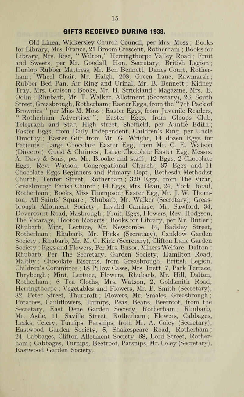 GIFTS RECEIVED DURING 1938. Old Linen, Wickersley Church Council, per Mrs. Moss ; Books for Library, Mrs. France, 21 Broom Crescent, Rotherham ; Books for Library, Mrs. Rise, “Wilton,” Herringthorpe Valley Road; Fruit and Sweets, per Mr. Goodall, Hon. Secretary, British Legion ; Dunlop Rubber Mattress, Mr. Ben Bennett, Danes Court, Rother¬ ham ; Wheel Chair, Mr. Haigh, 203, Green Lane, Rawmarsh ; Rubber Bed Pan, Air Ring and Urinal, Mr. B. Bennett; Kidney Tray, Mrs. Coulson ; Books, Mr. H. Strickland ; Magazine, Mrs. E. Odlin ; Rhubarb, Mr. T. Walker, Allotment (Secretary), 26, South Street, Greasbrough, Rotherham; Easter Eggs, from the “7th Pack of Brownies,” per Miss M. Moss ; Easter Eggs, from Juvenile Readers, “ Rotherham Advertiser ”; Easter Eggs, from Gloops Club, Telegraph and Star, High street, Sheffield, per Auntie Edith; Easter Eggs, from Daily Independent, Children's Ring, per Uncle Timothy ; Easter Gift from Mr. G. Wright, 14 dozen Eggs for Patients ; Large Chocolate Easter Egg, from Mr. C. E. Watson (Director), Guest & Chrimes ; Large Chocolate Easter Egg, Messrs. A. Davy & Sons, per Mr. Brooke and staff ; 12 Eggs, 2 Chocolate Eggs, Rev. Watson, Congregational Church; 37 Eggs and 11 Chocolate Eggs Beginners and Primary Dept., Bethesda Methodist Church, Tenter Street, Rotherham ; 320 Eggs, from The Vicar, Greasbrough Parish Church ; 14 Eggs, Mrs. Dean, 24, York Road, Rotherham ; Books, Miss Thompson; Easter Egg, Mr. J. W. Thorn¬ ton, All Saints’ Square ; Rhubarb, Mr. Walker (Secretary), Greas¬ brough Allotment Society ; Invalid Carriage, Mr. Sawford, 34, Dovercourt Road, Masbrough ; Fruit, Eggs, Flowers, Rev. Hodgson, The Vicarage, Hooton Roberts ; Books for Library, per Mr. Butler ; Rhubarb, Mint, Lettuce, Mr. Newcombe, 14, Badsley Street, Rotherham; Rhubarb, Mr. Hicks (Secretary), Canklow Garden Society ; Rhubarb, Mr. M. C. Kirk (Secretary), Clifton Lane Garden Society ; Eggs and Flowers, Per Mrs. Ensor, Miners Welfare, Dalton ; Rhubarb, Per The Secretary, Garden Society, Hamilton Road, Maltby ; Chocolate Biscuits, from Greasbrough, British Legion, Children’s Committee ; 18 Pillow Cases, Mrs. Inett, 7, Park Terrace, Thrybergh ; Mint, Lettuce, Flowers, Rhubarb, Mr. Hill, Dalton, Rotherham ; 6 Tea Cloths, Mrs. Watson, 2, Goldsmith Road, Herringthorpe ; Vegetables and Flowers, Mr. F. Smith (Secretary), 32, Peter Street, Thurcroft ; Flowers, Mr. Smales, Greasbrough ; Potatoes, Cauliflowers, Turnips, Peas, Beans, Beetroot, from the Secretary, East Dene Garden Society, Rotherham ; Rhubarb, Mr. Astle, 11, Saville Street, Rotherham; Flowers, Cabbages, Leeks, Celery, Turnips, Parsnips, from Mr. A. Coley (Secretary), Eastwood Garden Society, 5, Shakespeare Road, Rotherham; 24, Cabbages, Clifton Allotment Society, 68, Lord Street, Rother¬ ham ; Cabbages, Turnips, Beetroot, Parsnips, Mr. Coley (Secretary), Eastwood Garden Society.