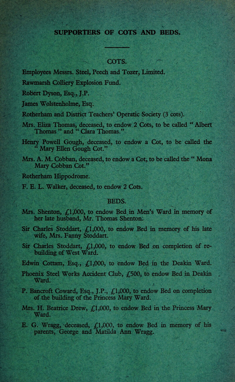 _ • V•. /* : t.-.' • >, •„ , . ; V/ SUPPORtERS OF COTS AND BEDS. cots. - ■; Employees Messrs. Steel, Peech and Tozer, Limited. Rawmarsh Colliery Explosion Fund. Robert Dyson, Esq., J.P. James Wolstenholme, Esq. Rotherham and District Teachers’ Operatic Society (3 cots). Mrs. Eliza Thomas, deceased, to endow 2 Cots, to be called “ Albert Thomas ” and “ Clara Thomas.” Henry Powell Gough, deceased, to endow a Cot, to be called the “ Mary Ellen Gough Cot.” Mrs. A. M. Cobban, deceased, to endow a Cot, to be called the “ Mona Mary Cobban Cot.” Rotherham Hippodrome. F. E. L. Walker, deceased, to endow 2 Cots. BEDS. : . • / > /-t:;;. - a>• .... ?',■ ; \ . •' • Mrs. Shenton, £1,000, to endow Bed, in Men’s Ward in memory of her late husband, Mr. Thomas Shenton: \ Sir Charles Stoddart, £1,000, to endow Bed in memory of his late wife, Mrs. Fanny Stoddart. Sir Charles Stoddart, £1,000, to endow Bed on completion of re¬ building of West Ward. Edwin Cottam, Esq., £1,000, to endow Bed in the Deakin Ward. Phoenix Steel Works Accident Club, £500, to endow Bed in Deakin Ward. ' ■ • ' ' ..I y P. Bancroft Coward, Esq., J.P., £1,000, to endow Bed on completion of the building of the Princess Mary Ward. Mrs. H. Beatrice Drew, £1,000, to endow Bed in the Princess Mary Ward. E. G. Wragg, deceased, £1,000, to endow Bed in memory of his parents, George and Matilda Ann Wragg.