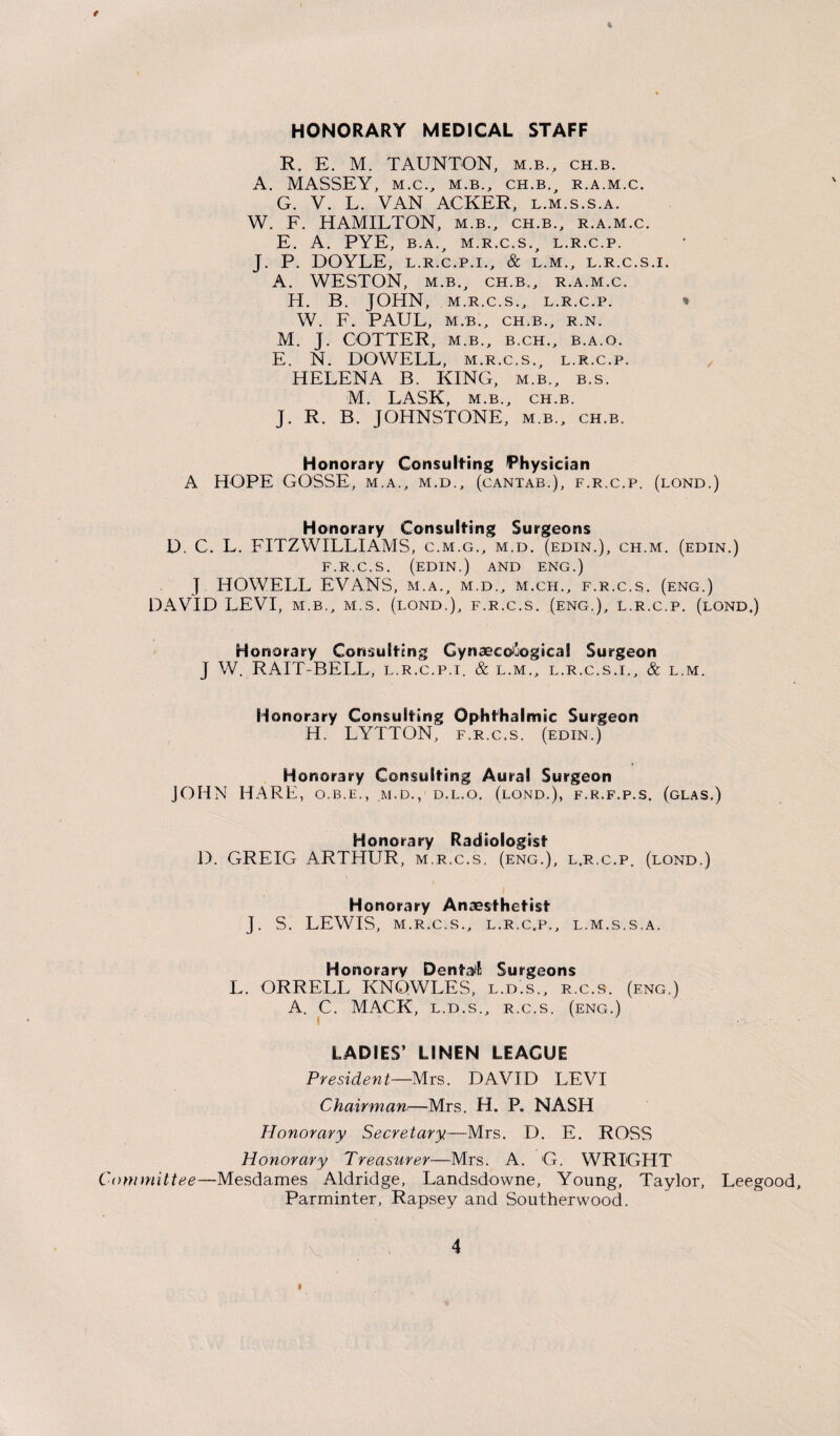1 HONORARY MEDICAL STAFF R. E. M. TAUNTON, m.b., ch.b. A. MASSEY, M.C., M.B., CH.B., R.A.M.C. G. V. L. VAN ACKER, l.m.s.s.a. W. F. HAMILTON, m.b., ch.b., r.a.m.c. E. A. PYE, B.A., M.R.C.S., L.R.C.P. J. P. DOYLE, L.R.C.P.I., & L.M., L.R.C.S.I. A. WESTON, M.B., CH.B., R.A.M.C. H. B. JOHN, M.R.C.S., L.R.C.P. * W. F. PAUL, M.B., CH.B., R.N. M. J. COTTER, M.B., B.CH., B.A.O. E. N. DOWELL, m.r.c.s., l.r.c.p. , HELENA B. KING, m.b., b.s. M. LASK, M.B., CH.B. J. R. B. JOHNSTONE, m.b., ch.b. Honorary Consulting 'Physician A HOPE GOSSE, m.a., m.d., (cantab.), f.r.c.p. (lond.) Honorary Consulting Surgeons D. C. L. FITZWILLIAMS, c.m.g., m.d. (edin.), ch.m. (edin.) F.R.C.S. (EDIN.) AND ENG.) J HOWELL EVANS, m.a., m.d., m.ch., f.r.c.s. (eng.) DAVID LEVI, m.b., m.s. (lond.), f.r.c.s. (eng.), l.r.c.p. (lond.) Honorary Consulting Gynaecological Surgeon J W. RAIT-BELL, l.r.c.p.i. & l.m., l.r.c.s.i., & l.m. Honorary Consulting Ophthalmic Surgeon H. LYTTON, f.r.c.s. (edin.) Honorary Consulting Aural Surgeon JOHN HARE, o.b.e., m.d., d.l.o. (lond.), f.r.f.p.s. (glas.) Honorary Radiologist D. GREIG ARTHUR, m.r.c.s. (eng.), l.r.c.p. (lond.) Honorary Anaesthetist J. S. LEWIS, M.R.C.S., L.R.C.P., L.M.S.S.A. Honorary Dental Surgeons L. ORRELL KNOWLES, l.d.s., r.c.s. (eng.) A. C. MACK, l.d.s., r.c.s. (eng.) LADIES’ LINEN LEAGUE President—Mrs. DAVID LEVI Chairman—Mrs. H. P. NASH Honorary Secretary—Mrs. D. E. ROSS Honorary Treasurer—Mrs. A. G. WRIGHT Committee—Mesdames Aldridge, Landsdowne, Young, Taylor, Leegood, Parminter, Rapsey and Southerwood. 4 i