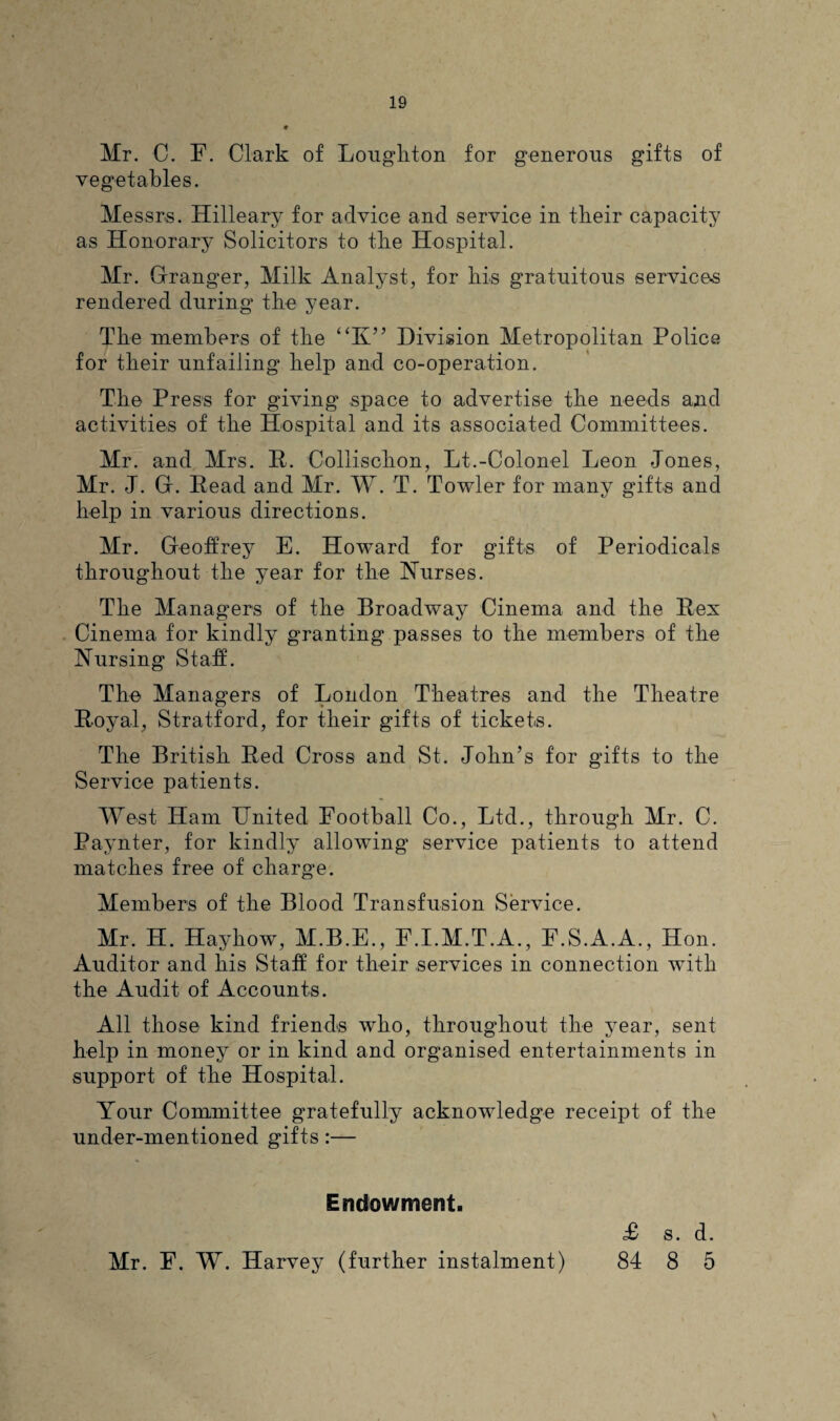 Mr. C. F. Clark of Loughton for generous gifts of vegetables. Messrs. Hilleary for advice and service in their capacity as Honorary Solicitors to the Hospital. Mr. Granger, Milk Analyst, for his gratuitous services rendered during the year. The members of the “K” Division Metropolitan Police for their unfailing help and co-operation. The Press for giving space to advertise the needs and activities of the Hospital and its associated Committees. Mr. and Mrs. R. Collischon, Lt.-Colonel Leon Tones, Mr. J. G. Head and Mr. W. T. Towler for many gifts and help in various directions. Mr. Geoffrey E. Howard for gifts of Periodicals throughout the year for the Nurses. The Managers of the Broadway Cinema and the Hex Cinema for kindly granting passes to the members of the Nursing Staff. The Managers of London Theatres and the Theatre Hoyal, Stratford, for their gifts of tickets. The British Red Cross and St. John’s for gifts to the Service patients. West Ham United Football Co., Ltd., through Mr. C. Paynter, for kindly allowing service patients to attend matches free of charge. Members of the Blood Transfusion Service. Mr. H. Hayhow, M.B.E., F.I.M.T.A., F.S.A.A., Hon. Auditor and his Staff for their services in connection with the Audit of Accounts. All those kind friends who, throughout the year, sent help in money or in kind and organised entertainments in support of the Hospital. Your Committee gratefully acknowledge receipt of the under-mentioned gifts:— Endowment. £ s. d. Mr. F. W. Harvey (further instalment) 84 8 5