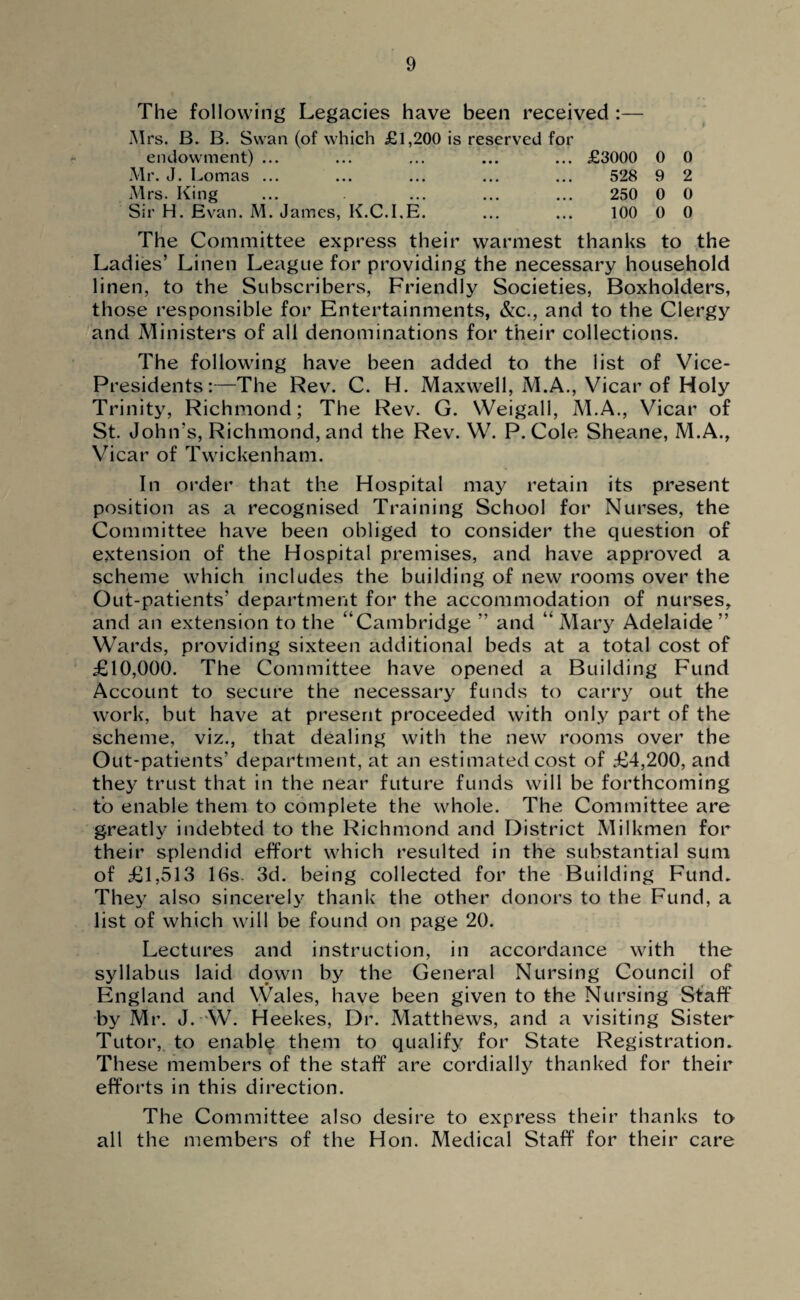 The following Legacies have been received :— Mrs. B. B. Swan (of which £1,200 is reserved for endowment) ... ... ... ... ... £3000 0 0 Mr. J. Lomas ... ... ... ... ... 528 9 2 Mrs. King ... ... ... ... 250 0 0 Sir H. Evan. M. James, K.C.I.E. ... ... 100 0 0 The Committee express their warmest thanks to the Ladies’ Linen League for providing the necessary household linen, to the Subscribers, Friendly Societies, Boxholders, those responsible for Entertainments, &c., and to the Clergy and Ministers of all denominations for their collections. The following have been added to the list of Vice- Presidents:—The Rev. C. H. Maxwell, M.A., Vicar of Holy Trinity, Richmond; The Rev. G. Weigall, M.A., Vicar of St. John’s, Richmond, and the Rev. W. P. Cole Sheane, M.A., Vicar of Twickenham. In order that the Hospital may retain its present position as a recognised Training School for Nurses, the Committee have been obliged to consider the question of extension of the Hospital premises, and have approved a scheme which includes the building of new rooms over the Out-patients’ department for the accommodation of nurses, and an extension to the “Cambridge ” and “ Mary Adelaide ” Wards, providing sixteen additional beds at a total cost of £10,000. The Committee have opened a Building Fund Account to secure the necessary funds to carry out the work, but have at present proceeded with only part of the scheme, viz., that dealing with the new rooms over the Out-patients’ department, at an estimated cost of £4,200, and they trust that in the near future funds will be forthcoming to enable them to complete the whole. The Committee are greatly indebted to the Richmond and District Milkmen for their splendid effort which resulted in the substantial sum of £1,513 16s. 3d. being collected for the Building Fund. They also sincerely thank the other donors to the Fund, a list of which will be found on page 20. Lectures and instruction, in accordance with the syllabus laid down by the General Nursing Council of England and Wales, have been given to the Nursing Staff by Mr. J. W. Heekes, Dr. Matthews, and a visiting Sister Tutor, to enable them to qualify for State Registration. These members of the staff are cordially thanked for their efforts in this direction. The Committee also desire to express their thanks to all the members of the Hon. Medical Staff for their care