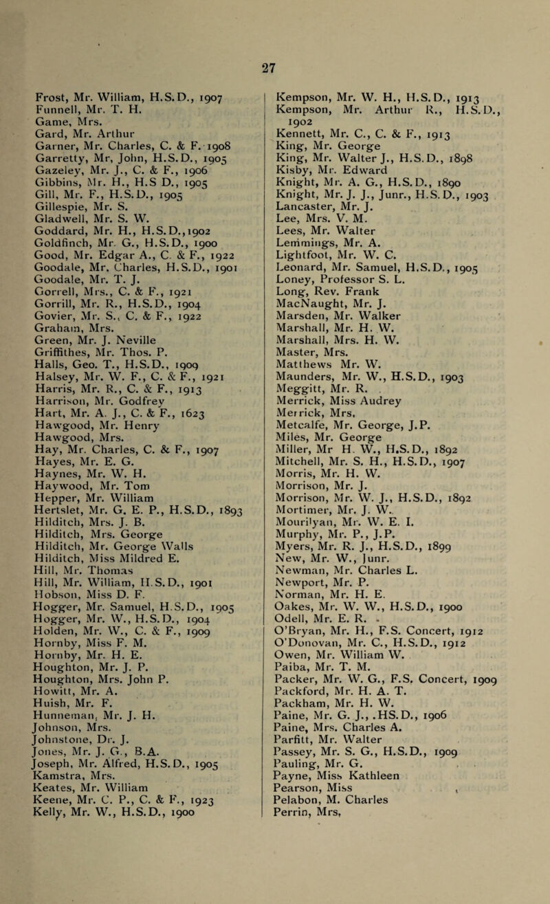 Frost, Mr. William, H.S. D., 1907 Funnell, Mr. T. H. Game, Mrs. Gard, Mr. Arthur Garner, Mr. Charles, C. & F. 1908 Garretty, Mr, John, H.S. D., 1905 Gazeley, Mr. J., C. & F., 1906 Gibbins, Mr. H., H.S D., 1905 Gill, Mr. F., H.S.D., 1905 Gillespie, Mr. S. Gladwell, Mr. S. W. Goddard, Mr. H., H.S.D., 1902 Goldfinch, Mr. G., H.S.D., 1900 Good, Mr. Edgar A., C. & F., 1922 Goodale, Mr. Charles, H.S.D., 1901 Goodale, Mr. T. J. Gorrell, Mrs., C. & F., 1921 Gorrill, Mr. R., H.S.D., 1904 Govier, Mr. S., C. & F., 1922 Graham, Mrs. Green, Mr. J. Neville Griffithes, Mr. Thos. P. Halls, Geo. T., H.S.D., 1909 Halsey, Mr. W. F., C. & F., 1921 Harris, Mr. R., C. & F., 1913 Harri.son, Mr. Godfrey Hart, Mr. A. J., C. & F., 1623 Hawgood, Mr. Henry Hawgood, Mrs. Hay, Mr. Charles, C. & F., 1907 Hayes, Mr. E. G. Haynes, Mr. W. H. Haywood, Mr. Tom Hepper, Mr. William Hertslet, Mr. G. E. P., H.S.D., 1893 Hilditch, Mrs. J. B. Hilditch, Mrs. George Hilditch, Mr. George Walls Hilditch, Miss Mildred E. Hill, Mr. Thomas Hill, Mr. William, H.S.D., 1901 Hobson, Miss D. F. Hogger, Mr. Samuel, H.S. D., 1905 Hogger, Mr. W., H.S.D., 1904 Holden, Mr. W., C. & F., 1909 Hornby, Miss F. M. Hornby, Mr. H. E. Houghton, Mr. J. P. Houghton, Mrs. John P. Howitt, Mr. A. Huish, Mr. F. Hunnernati, Mr. J. H. Johnson, Mrs. Johnstone, Dr. J. Jones, Mr. J. G., B.A. Joseph, Mr. Alfred, H.S. D., 1905 Kamstra, Mrs. Keates, Mr. William Keene, Mr. C. P., C. & F., 1923 Kelly, Mr. W., H.S.D., 1900 Kempson, Mr. W. H., H.S. D., 1913 Kempson, Mr. Arthur R., H.S. D., 1902 Kennett, Mr. C., C. & F., 1913 King, Mr. George King, Mr. Walter J., H.S.D., 1898 Kisby, Mr. Edward Knight, Mr. A. G., H.S.D., 1890 Knight, Mr. J. J., Junr., H.S. D., 1903 Lancaster, Mr. J. Lee, Mrs. V. M. Lees, Mr. Walter Lemmings, Mr. A. Lightfoot, Mr. W. C. Leonard, Mr. Samuel, H.S.D., 1903 Loney, Professor S. L. Long, Rev. Frank MacNaught, Mr. J. Marsden, Mr. Walker Marshall, Mr. H. W. Marshall, Mrs. H. W. Master, Mrs. Matthews Mr. W. Maunders, Mr. W., H.S.D., 1903 Meggitt, Mr. R. . Merrick, Miss Audrey Merrick, Mrs, Metcalfe, Mr. George, J.P. Miles, Mr. George Miller, Mr H. W., H.S.D., 1892 Mitchell, Mr. S. H., H.S.D., 1907 Morris, Mr. H. W. Morrison, Mr. J. Morrison, Mr. W. J., H.S.D., 1892 Mortimer, Mr. J. W. Mourilyan, Mr. W. E. I. Murphy, Mr. P., J.P. Myers, Mr. R. J., H.S.D., 1899 New, Mr. W., Junr. Newman, Mr. Charles L. Newport, Mr. P. Norman, Mr. H. E. Oakes, Mr. W. W., H.S.D., 1900 Odell, Mr. E. R. - O’Bryan, Mr. H., F.S. Concert, 1912 O’Donovan, Mr. C., H.S.D., 1912 Owen, Mr. William W. Paiba, Mr. T. M. Packer, Mr. W. G., F.S. Concert, 1909 Packford, Mr. H. A. T. Packham, Mr. H. W. Paine, Mr. G. J., .HS.D., 1906 Paine, Mrs. Charles A. Parfitt, Mr. Walter Passey, Mr. S. G., H.S.D., 1909 Pauling, Mr. G. Payne, Miss Kathleen Pearson, Miss , Pelabon, M. Charles Perrin, Mrs,