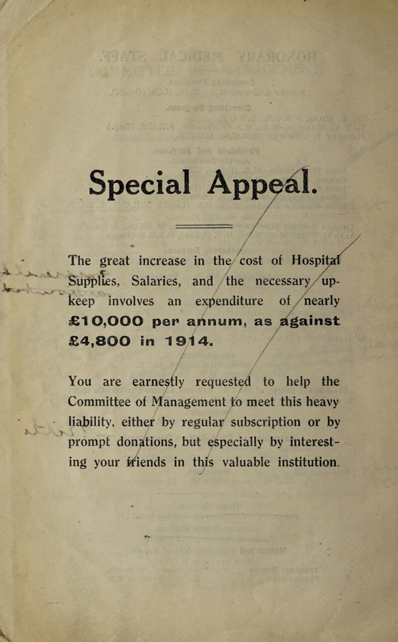 J The great increase in the cost of Hospital Supplies, Salaries, and/ the necessary/up¬ keep involves an expenditure of nearly £10,000 pei1 annum, as against £4,800 in 1914. / / You are earnestly requested to help the Committee of Management to meet this heavy liability, either by regular subscription or by s \ / prompt donations, but especially by interest¬ ing your ftiends in this valuable institution.