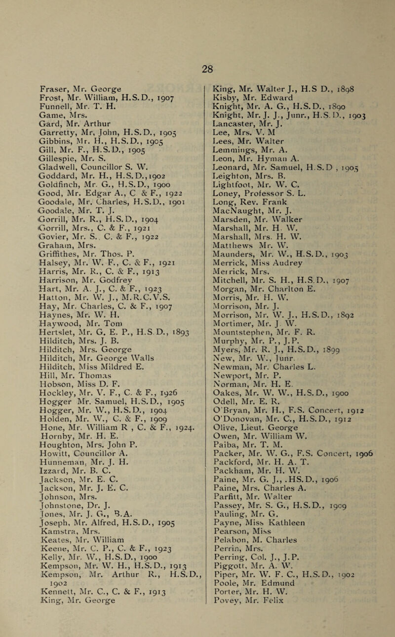 Fraser, Mr. George Frost, Mr. William, H.S. D., 1907 Funnel!, Mr. T. H. Game, Mrs. Gard, Mr. Arthur Garretty, Mr, John, H.S. D., 1905 Gibbins, Mr. H., H.S.D., 1905 Gill, Mr. F., H.S.D., 1905 Gillespie, Mr. S. Gladwell, Councillor S. W. Goddard, Mr. H., H.S.D., 1902 Goldfinch, Mr. G., H.S.D., 1900 Good, Mr. Edgar A., C & F., 1922 Goodale, Mr. Charles, H.S.D., 1901 Goodale, Mr. T. J. Gorrill, Mr. R., H.S.D., 1904 Gorrill, Mrs., C. & F., 1921 Govier, Mr. S„ C. & F., 1922 Graham, Mrs. Griffithes, Mr. Thos. F. Halsey, Mr. W. F., C. & F., 1921 Harris, Mr. R., C. & F., 1913 Harrison, Mr. Godfrey Hart, Mr. A. J., C. & F., 1923 Hatton, Mr. W. J., M.R.C.V.S. Hay, Mr. Charles, C. & F., 1907 Haynes, Mr. W. H. Haywood, Mr. Tom Hertslet, Mr. G. E. P., H.S D., 1893 Hilditch, Mrs. J. B. Hilditch, Mrs. George Hilditch, Mr. George Walls Hilditch, Miss Mildred E. Hill, Mr. Thomas Hobson, Miss D. F. Hockley, Mr. V. F., C. & F., 1926 Hogger Mr. Samuel, H.S.D., 1905 Hogger, Mr. W., H.S.D., 1904 Holden, Mr. W., C. & F., 1909 Hone, Mr. William R , C. & F., 1924. Hornby, Mr. H. E. Houghton, Mrs. John P. Howitt, Councillor A. Hunneman, Mr. J. H. Izzard, Mr. B. C. Jackson, Mr. E. C. Jackson, Mr. J. E. C. Johnson, Mrs. Johnstone, Dr. J. Jones, Mr. J. G., B.A. Joseph, Mr. Alfred, H.S.D., 1905 Kamstra, Mrs. Keates, Mr. William Keene, Mr. C. P., C. & F., 1923 Kelly, Mr. W., H.S.D., 1900 Kempson, Mr. W. H., H.S.D., 1913 Kempson, Mr. Arthur R., H.S. D., 1902 Kennett, Mr. C., C. & F., 1913 King, Mr. George King, Mr. Walter J., H.S D., 1898 Kisby, Mr. Edward Knight, Mr. A. G., H.S. D., 1890 Knight, Mr. J. J., Junr., H.S. D., 1903 Lancaster, Mr. J. Lee, Mrs. V. M Lees, Mr. Walter Lemmings, Mr. A. Leon, Mr. Hyman A. Leonard, Mr. Samuel, H.S. D , 1903 Leighton, Mrs. B. Light foot, Mr. W. C. Loney, Professor S. L. Long, Rev. Frank MacNaught, Mr. J. Marsden, Mr. Walker Marshall, Mr. H. W. Marshall, Mrs. H. W. Matthews Mr. W. Maunders, Mr. W., H.S.D., 1903 Merrick, Miss Audrey Merrick, Mrs, Mitchell, Mr. S. H., H.S.D., 1907 Morgan, Mr. Charlton E. Morris, Mr. H. W. Morrison, Mr. J. Morrison, Mr. W. J., H.S. D., 1S92 Mortimer, Mr. J. W. Mountstephen, Mr. F. R. Murphy, Mr. P., J.P. Myers, Mr. R. J., H.S.D., 1899 New, Mr. W., junr. Newman, Mr. Charles L. Newport, Mr. P. Norman, Mr. H. E. Oakes, Mr. W. W., H.S.D., 1900 Odell, Mr. E. R. O'Bryan, Mr. JL, F.S. Concert, 1912 O’Donovan, Mr. C., H.S.D., 1912 Olive, Lieut. George Owen, Mr. William W. Paiba, Mr. T. M. Packer, Mr. W. G., F.S. Concert, 1906 Packford, Mr. H. A. T. Packham, Mr. H. W. Paine, Mr. G. J., .HS.D., 1906 Paine, Mrs. Charles A. Parfitt, Mr. Walter Passey, Mr. S. G., H.S.D., 1909 Pauling, Mr. G. Payne, Miss Kathleen Pearson, Miss Pelabon, M. Charles Perrin, Mrs. Perring, Col. J., J.P. Piggott, Mr. A. W. Piper, Mr. W. F. C., H.S.D., 1902 Poole, Mr. Edmund Porter, Mr. H. W. Povey, Mr. Felix