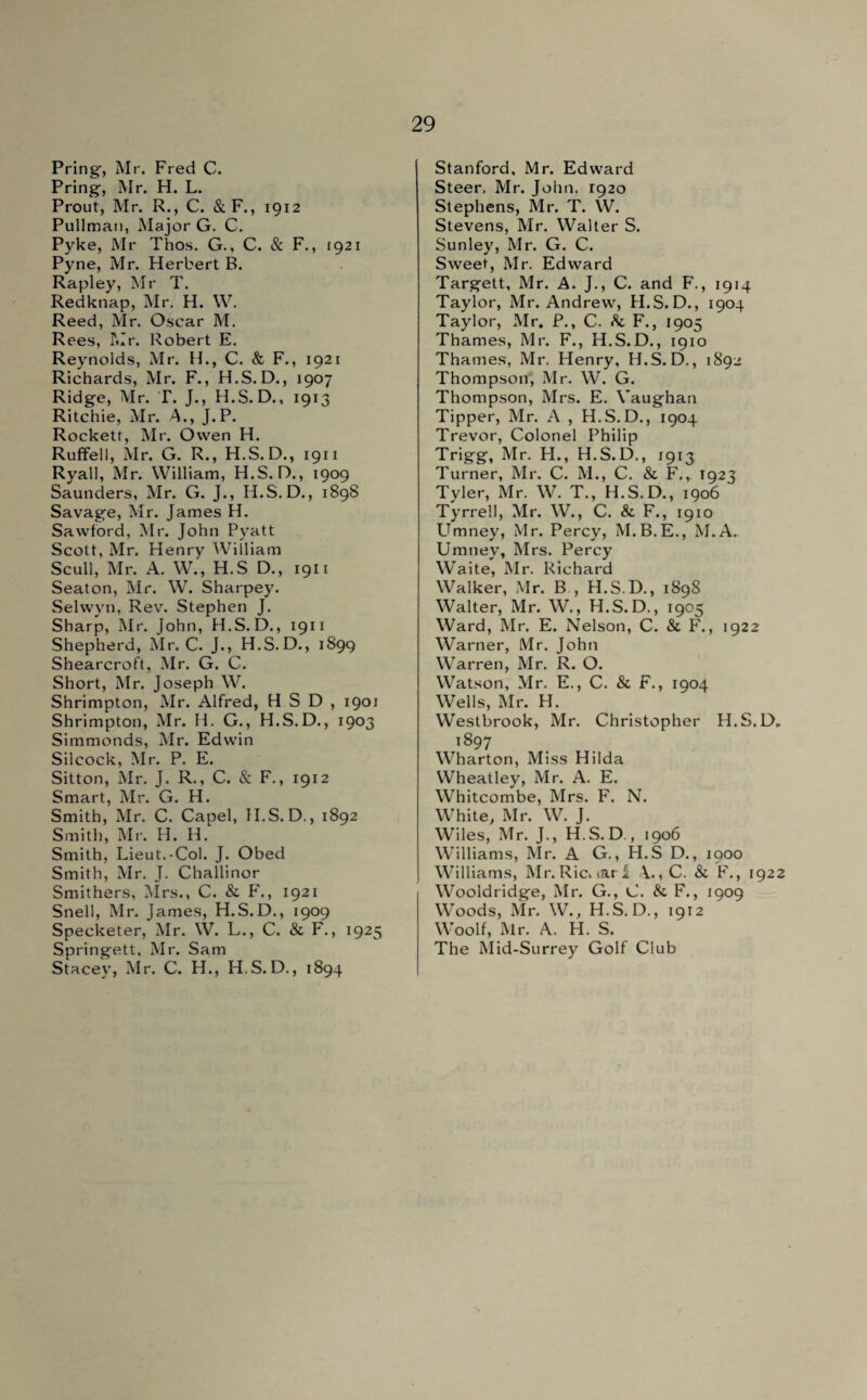Pring, Mr. Fred C. Pring, Mr. H. L. Prout, Mr. R., C. &F., 1912 Pullman, Major G. C. Pyke, Mr Thos. G., C. & F., 1921 Pyne, Mr. Herbert B. Rapley, Mr T. Redknap, Mr. H. YV. Reed, Mr. Oscar M. Rees, Mr. Robert E. Reynolds, Mr. H., C. & F., 1921 Richards, Mr. F., H.S. D., 1907 Ridge, Mr. T. J., H.S. D., 1913 Ritchie, Mr. A., J.P. Rockett, Mr. Owen H. Ruffell, Mr. G. R., H.S.D., 1911 Ryall, Mr. William, H.S. D., 1909 Saunders, Mr. G. J., H.S.D., 1898 Savage, Mr. James H. Sawford, Mr. John Pyatt Scott, Mr. Henry William Scull, Mr. A. W., H.S D., 1911 Seaton, Mr. W. Sharpey. Selvvyn, Rev. Stephen J. Sharp, Mr. John, H.S. D., 1911 Shepherd, Mr. C. J., H.S.D., 1899 Shearcroft, Mr. G. C. Short, Mr. Joseph W. Shrimpton, Mr. Alfred, H S D , 1901 Shrimpton, Mr. H. G., H.S.D., 1903 Simmonds, Mr. Edwin Silcock, Mr. P. E. Sitton, Mr. J. R., C. & F., 1912 Smart, Mr. G. H. Smith, Mr. C. Capel, H.S.D., 1892 Smith, Mr. H. H. Smith, Lieut.-Col. J. Obed Smith, Mr. J. Challinor Smithers, Mrs., C. & F., 1921 Snell, Mr. James, H.S.D., 1909 Specketer, Mr. W. L., C. & F., 1925 Springett, Mr. Sam Stacey, Mr. C. H., H.S.D., 1894 Stanford, Mr. Edward Steer. Mr. John. 1920 Stephens, Mr. T. W. Stevens, Mr. Walter S. Sunley, Mr. G. C. Sweet, Mr. Edward Targett, Mr. A. J., C. and F., 1914 Taylor, Mr. Andrew, H.S.D., 1904 Taylor, Mr. P., C. &. F., 1905 Thames, Mr. F., H.S.D., 1910 Thames, Mr. Henry, H.S.D., 1892 Thompson, Mr. W. G. Thompson, Mrs. E. Vaughan Tipper, Mr. A , H.S.D., 1904 Trevor, Colonel Philip Trigg, Mr. H., H.S.D., 1913 Turner, Mr. C. M., C. & F., 1923 Tyler, Mr. W. T., H.S.D., 1906 Tyrrell, Mr. W., C. & F., 1910 Umney, Mr. Percy, M.B.E., M.A. Umney, Mrs. Percy Waite, Mr. Richard Walker, Mr. B , H.S.D., 1898 Walter, Mr. W., H.S.D., 1905 Ward, Mr. E. Nelson, C. & F., 1922 Warner, Mr. John Warren, Mr. R. O. Watson, Mr. E., C. & F., 1904 Wells, Mr. H. Westbrook, Mr. Christopher H.S.D. 1897 Wharton, Miss Hilda Wheatley, Mr. A. E. Whitcombe, Mrs. F. N. White, Mr. W. J. Wiles, Mr. J., H.S.D., 1906 Williams, Mr. A G., H.S D., 1900 Williams, Mr. Ric. iar 1 \.,C. & F., 1922 Wooldridge, Mr. G., C. & F., 1909 Woods, Mr. W., H.S.D., 1912 Woolf, Mr. A. H. S. The Mid-Surrey Golf Club