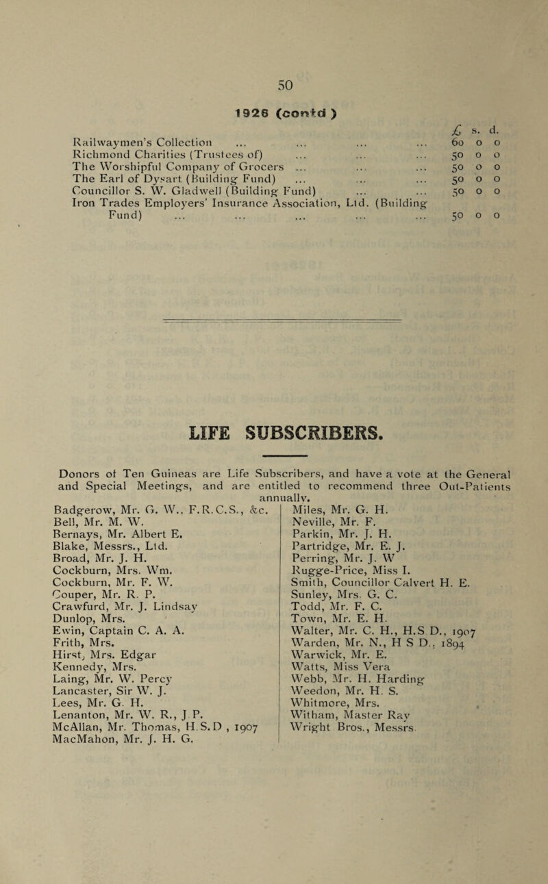 1 926 (corstd ) Railwaymen’s Collection Richmond Charities (Trustees of) The Worshipful Company of Grocers ... The Earl of Dysart (Building Fund) Councillor S. W. Gladwell (Building Fund) Iron Trades Employers’ Insurance Association, Ltd. (Building Fund) £ s. d. 60 0 0 5° 0 0 50 0 0 5° 0 0 5° 0 0 5° 0 0 LIFE SUBSCRIBERS. Donors of Ten Guineas are Life Subscribers, and have a vote at the General and Special Meetings, and are entitled to recommend three Out-Patients annually. Badgerow, Mr. G. W.. F.R.C.S., &c. Bell, Mr. M. W. Bernays, Mr. Albert E. Blake, Messrs., Ltd. Broad, Mr. J. H. Cockburn, Mrs. Wm. Cockburn, Mr. F. W. Couper, Mr. R. P. Crawfurd, Mr. J. Lindsay Dunlop, Mrs. Ewin, Captain C. A. A. Frith, Mrs. Hirst; Mrs. Edgar Kennedy, Mrs. Laing, Mr. W. Percy Lancaster, Sir W. J. Lees, Mr. G. H. Lenanton, Mr. W. R., J P. McAilan, Mr. Thomas, H S. D , 1907 MacMahon, Mr. J. H. G. Miles, Mr. G. H. Neville, Mr. F. Parkin, Mr. J. H. Partridge, Mr. E. J. Perring, Mr. J. W Rugge-Price, Miss I. Smith, Councillor Calvert H. E. Sunley, Mrs, G. C. Todd, Mr. F. C. Town, Mr. E. H. Walter, Mr. C. H., LI.S D., 1907 Warden, Mr. N., H S D,, 1894 Warwick, Mr. E. Watts, Miss Vera Webb, Mr. H. Harding Weedon, Mr. H. S. Whitmore, Mrs. Wit ham, Master Ray Wright Bros., Messrs