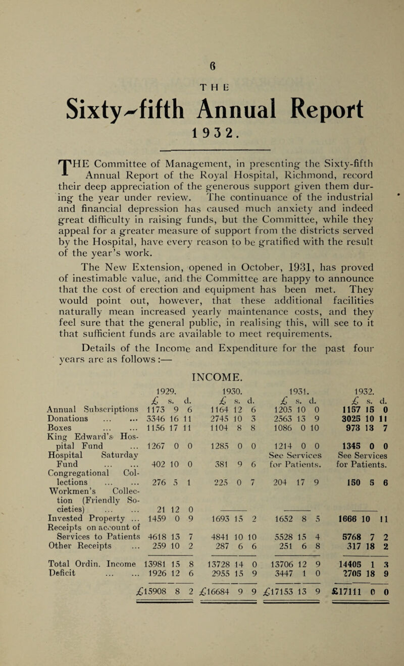 THE Sixty^fifth Annual Report 1 9 3 2. rT'HE Committee of Management, in presenting the Sixty-fifth Annual Report of the Royal Hospital, Richmond, record their deep appreciation of the generous support given them dur¬ ing the year under review. The continuance of the industrial and financial depression has caused much anxiety and indeed great difficulty in raising funds, but the Committee, while they appeal for a greater measure of support from the districts served by the Hospital, have every reason to be gratified with the result of the year’s work. The New Extension, opened in October, 1931, has proved of inestimable value, and the Committee are happy to announce that the cost of erection and equipment has been met. They would point out, however, that these additional facilities naturally mean increased yearly maintenance costs, and they feel sure that the general public, in realising this, will see to it that sufficient funds are available to meet requirements. Details of the Income and Expenditure for the past four years arc as follows :— INCOME. 1929. 1930. 1931. 1932. £ s. d. £ s. d. £ s. d. £ s. d. Annual Subscriptions 1173 9 6 1164 12 6 1205 10 0 1157 15 0 Donations . 3346 16 11 2745 10 3 2563 13 9 3025 10 11 Boxes 1156 17 11 1104 8 8 1086 0 10 973 13 7 King Edward’s' Hos- pital Fund 1267 0 0 1285 0 0 1214 0 0 1345 0 0 Hospital Saturday See Services See Services Fund . 402 10 0 381 9 6 for Patients. for Patients. Congregational Col- lections . 276 5 1 225 0 7 204 17 9 150 5 6 Workmen’s Collec- tion (Friendly So- cieties) 21 12 0 Invested Property ... 1459 0 9 1693 15 2 1652 8 5 1666 10 11 Receipts on account of Services to Patients 4618 13 7 4841 10 10 5528 15 4 5768 7 2 Other Receipts 259 10 2 287 6 6 251 6 8 317 18 2 Total Ordin. Income 13981 15 8 13728 14 0 13706 12 9 14405 1 3 Deficit . 1926 12 6 2955 15 9 3447 1 0 2705 18 9 £15908 8 2 £16684 9 9 £17153 13 9 £17111 0 0